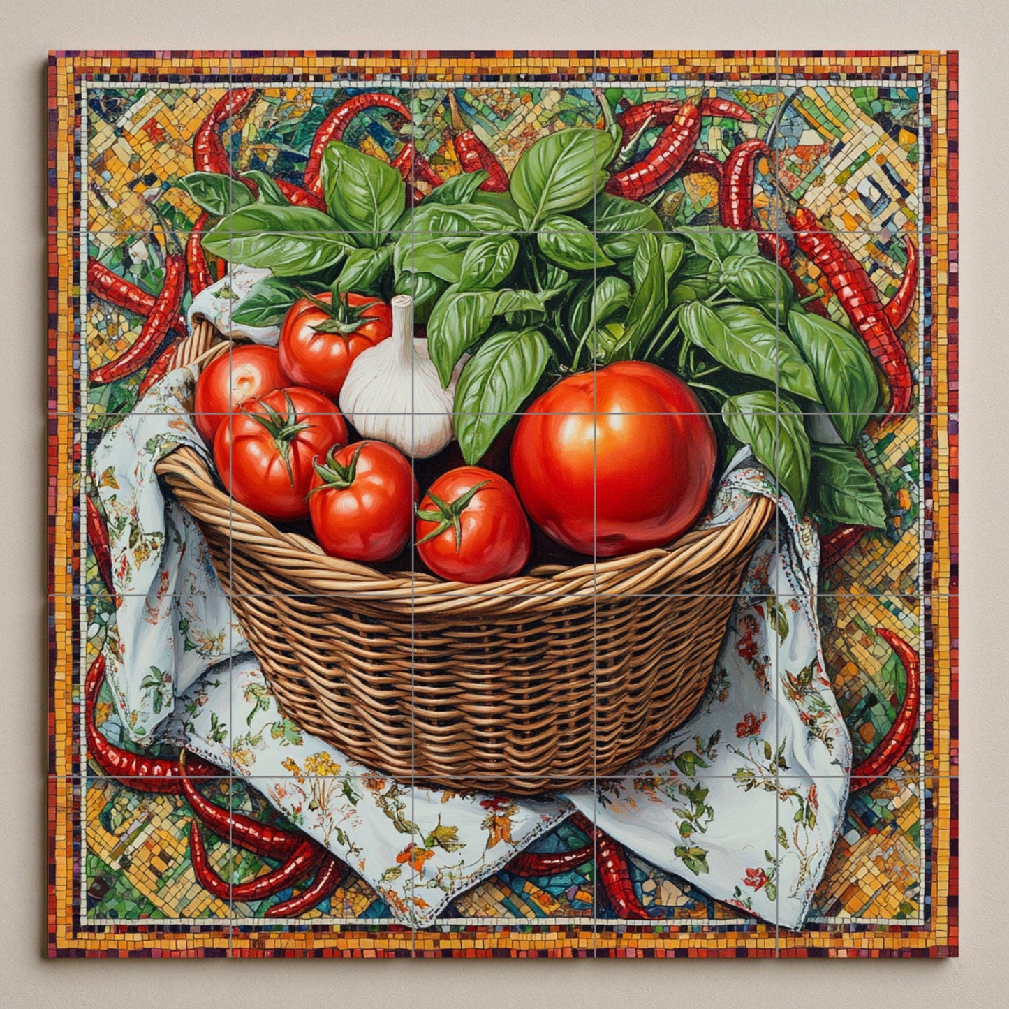 Italian rustic kitchen ceramic tile mural / Basket of tomatoes, basil, garlic and peppers / Mediterranean cuisine