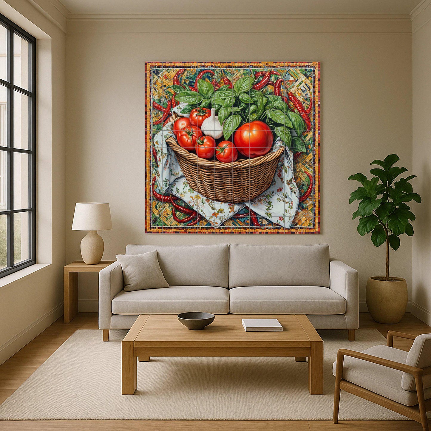 Italian rustic kitchen ceramic tile mural / Basket of tomatoes, basil, garlic and peppers / Mediterranean cuisine