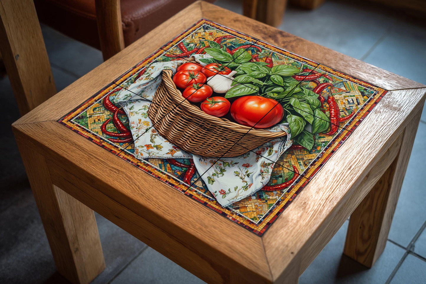 Italian rustic kitchen ceramic tile mural / Basket of tomatoes, basil, garlic and peppers / Mediterranean cuisine