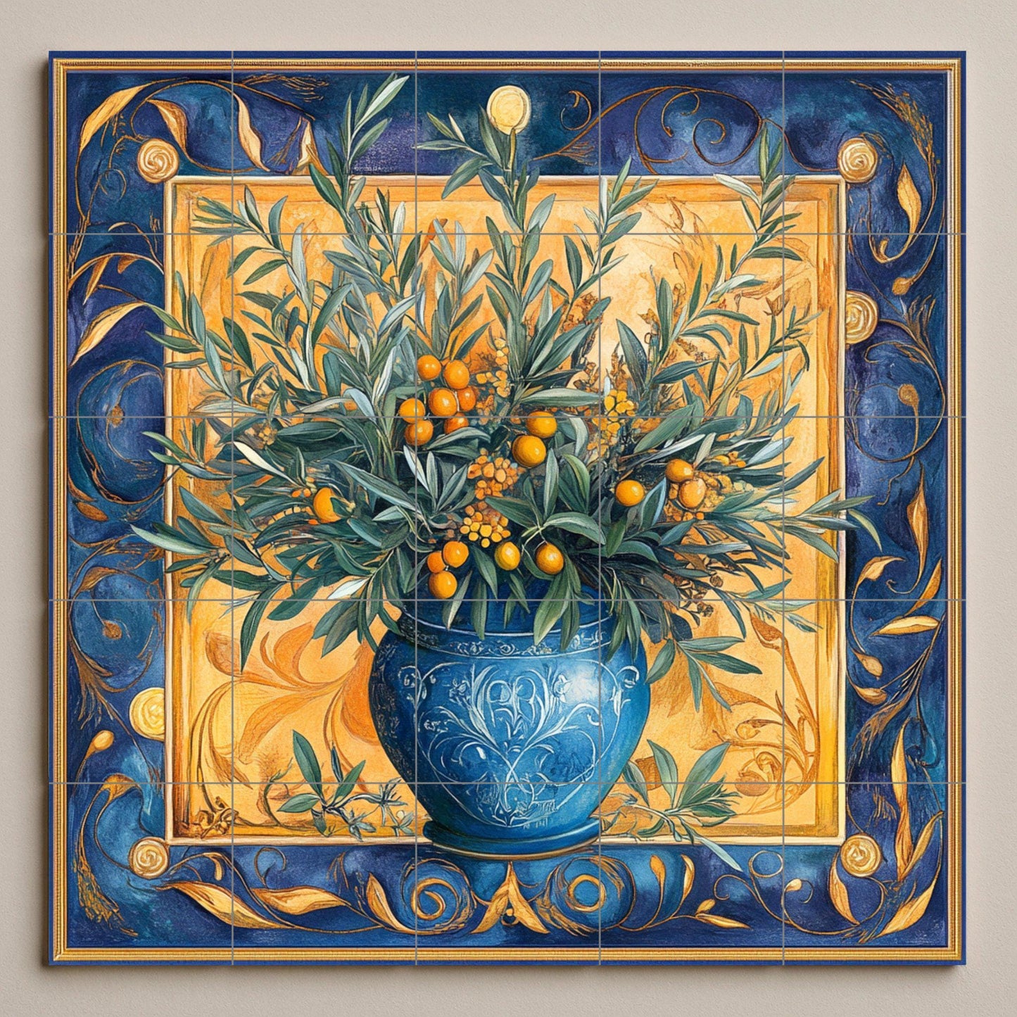 Ceramic tile mural with Mediterranean olive vase / Blue and gold decorative panel with olive and citrus branches