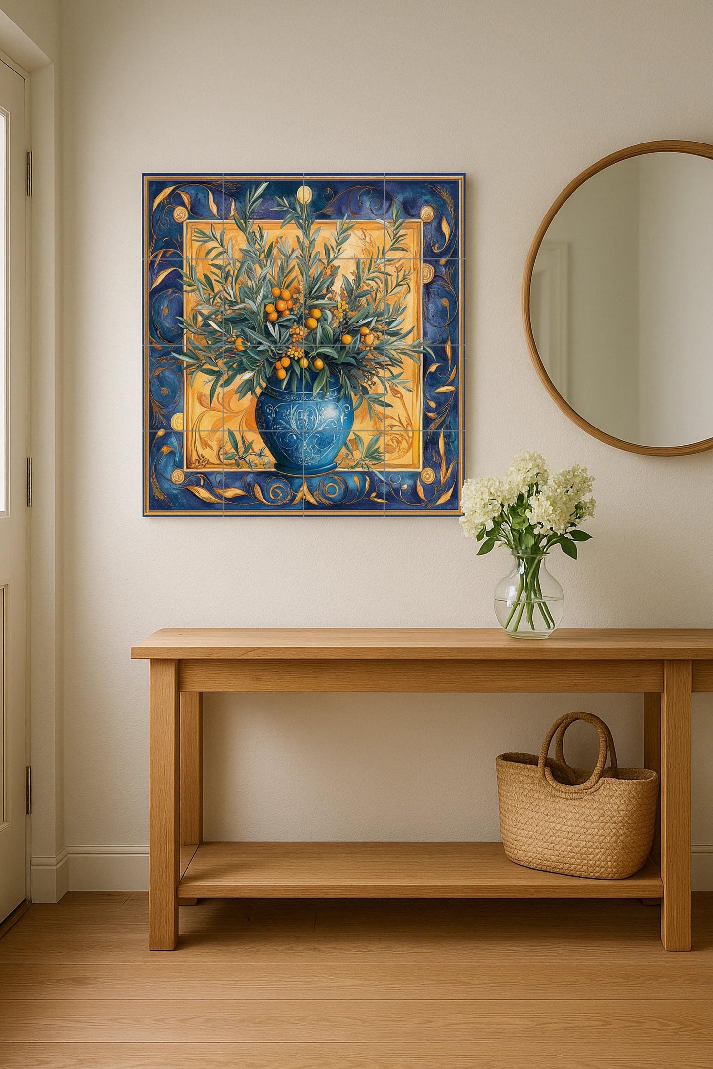 Ceramic tile mural with Mediterranean olive vase / Blue and gold decorative panel with olive and citrus branches