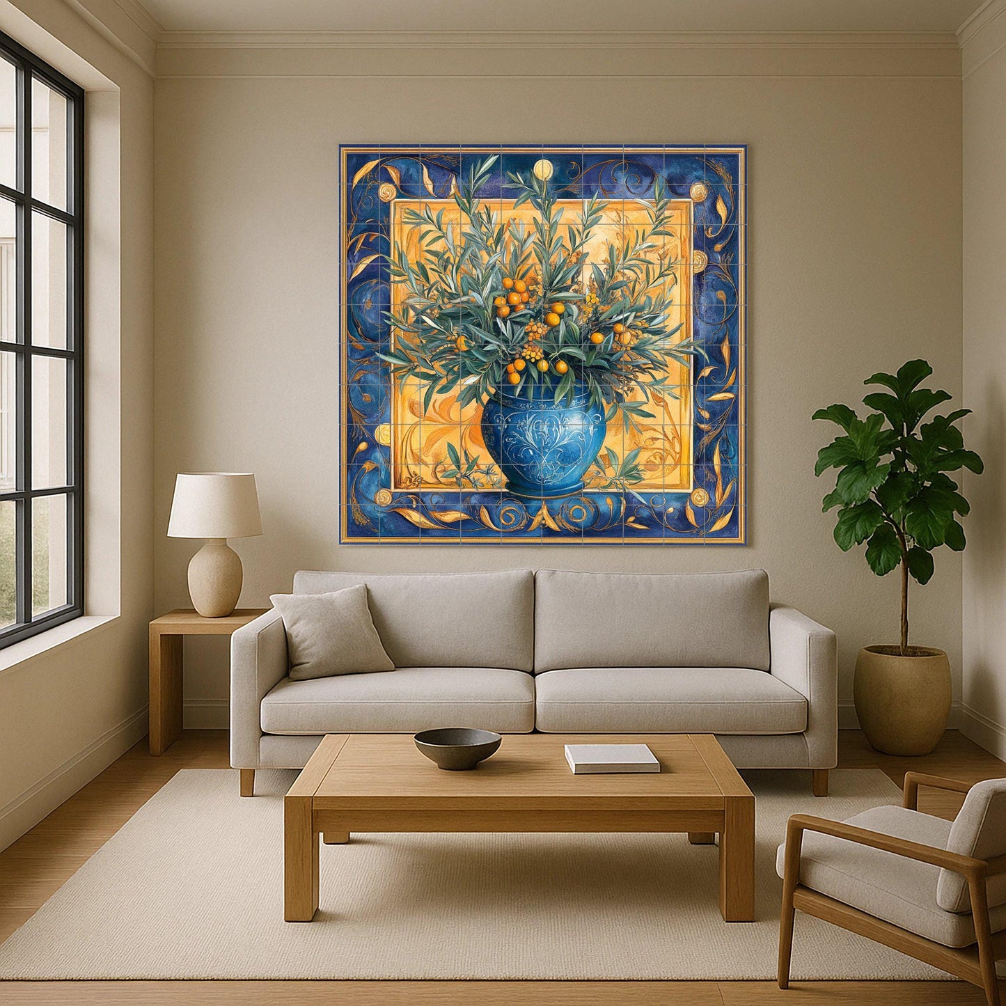 Ceramic tile mural with Mediterranean olive vase / Blue and gold decorative panel with olive and citrus branches