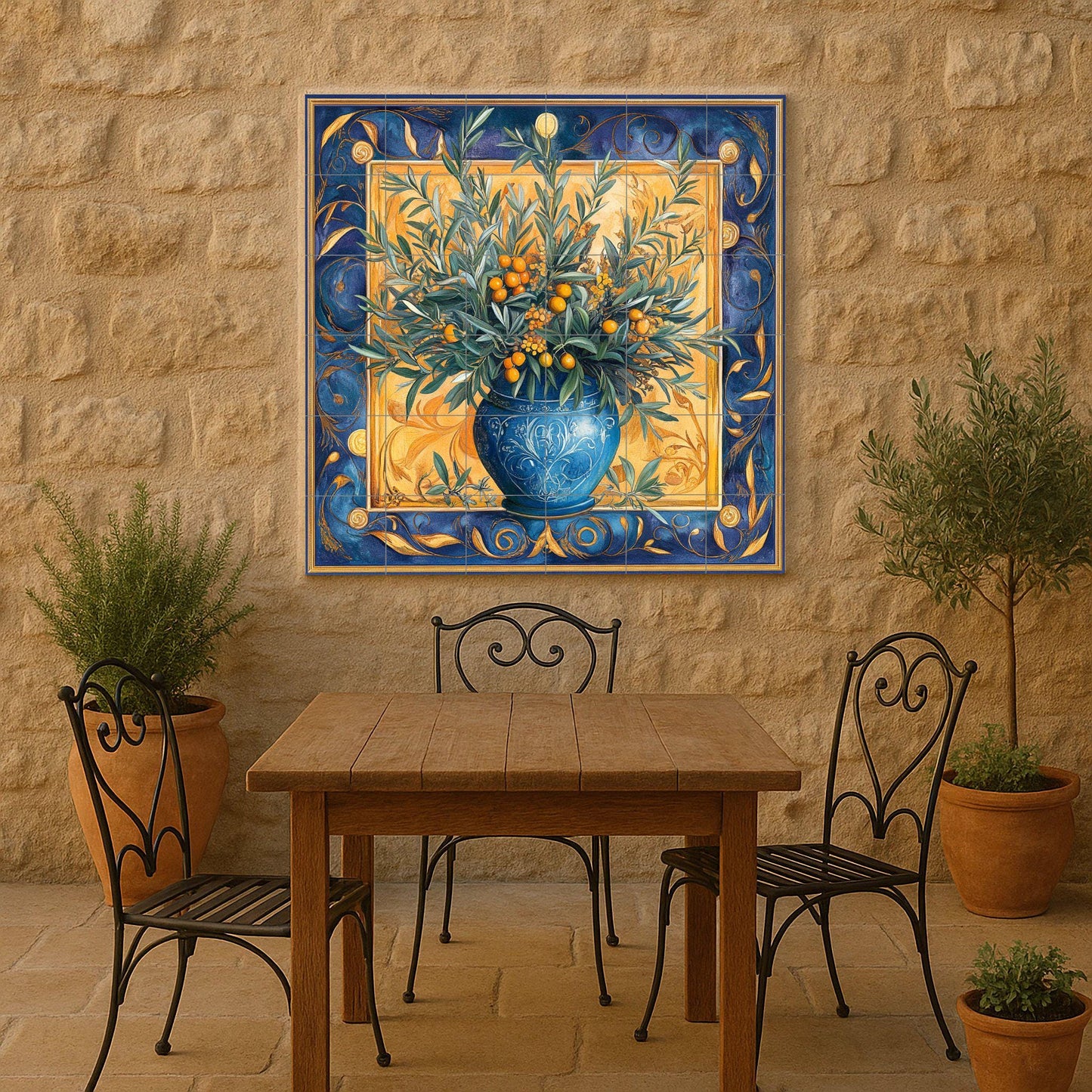 Ceramic tile mural with Mediterranean olive vase / Blue and gold decorative panel with olive and citrus branches