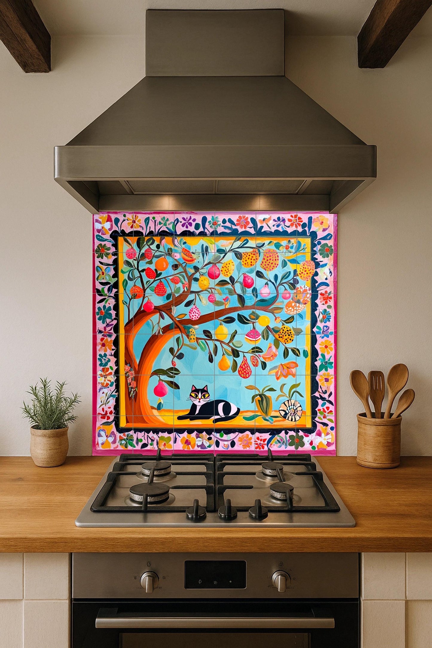Colorful folk art ceramic tile mural / Vibrant fruit tree with cat and floral border / Mexican-inspired decor