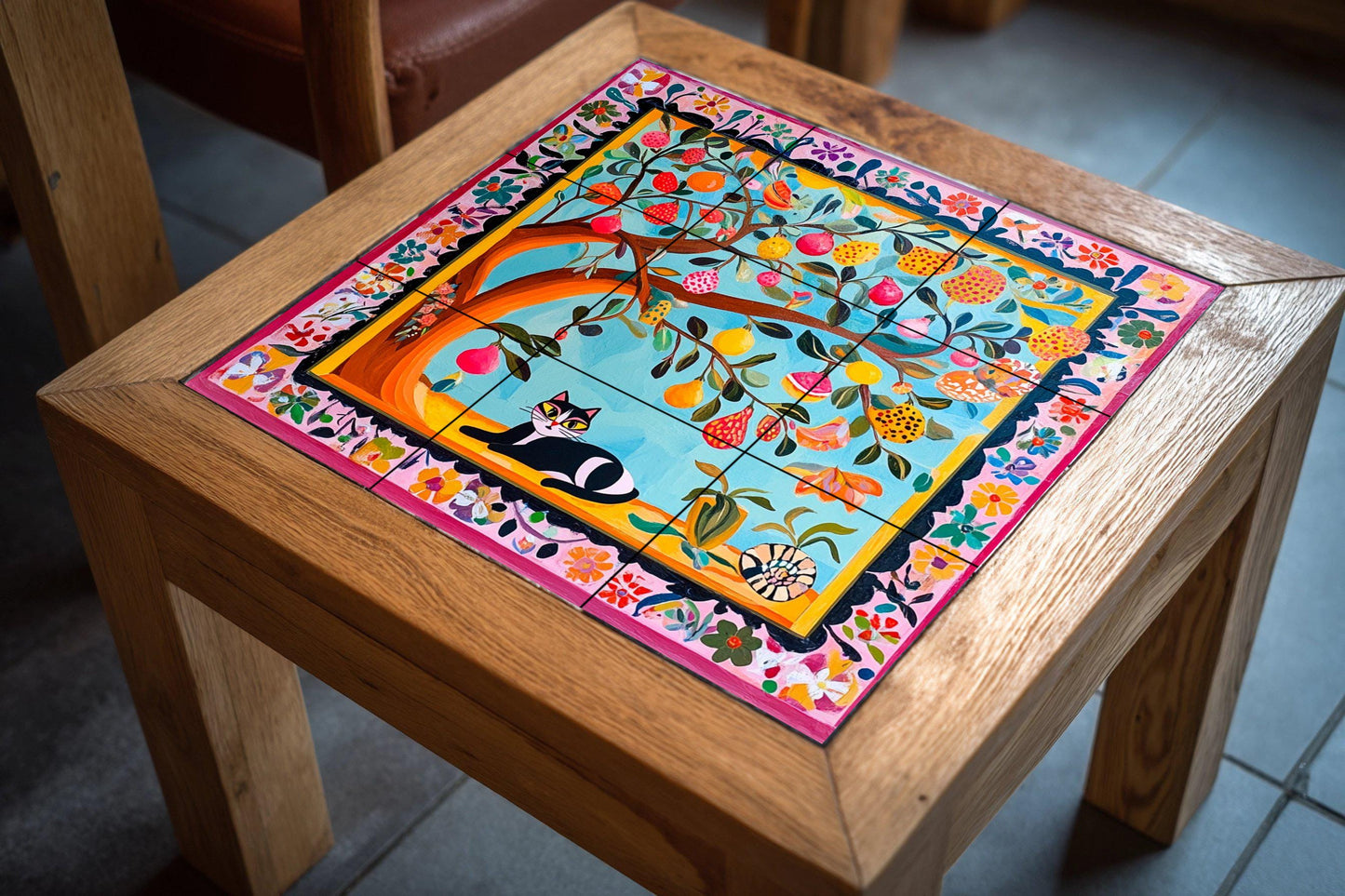 Colorful folk art ceramic tile mural / Vibrant fruit tree with cat and floral border / Mexican-inspired decor