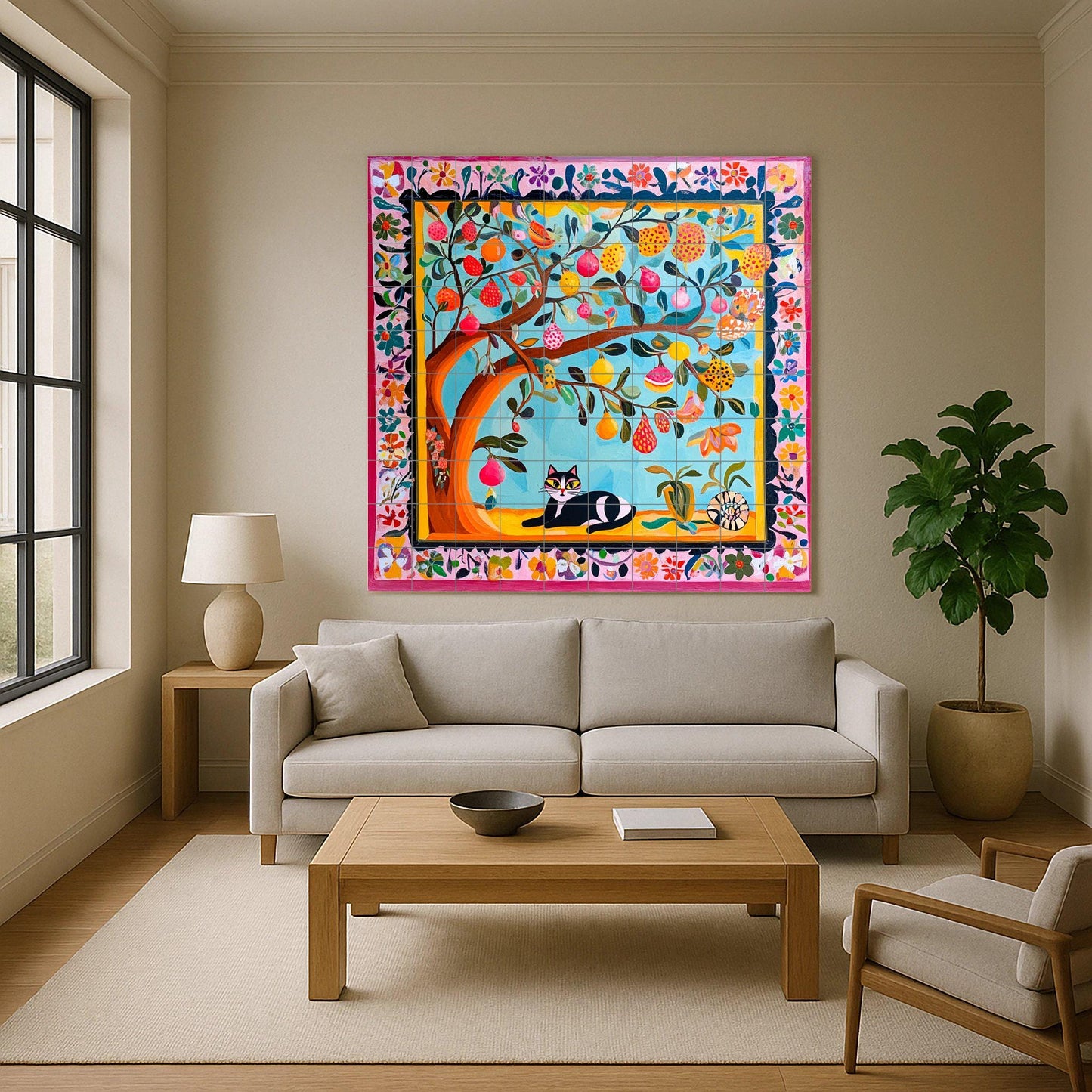 Colorful folk art ceramic tile mural / Vibrant fruit tree with cat and floral border / Mexican-inspired decor