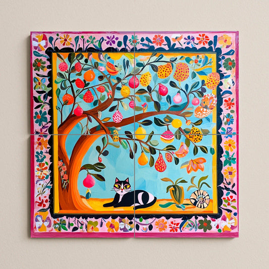 Colorful folk art ceramic tile mural / Vibrant fruit tree with cat and floral border / Mexican-inspired decor