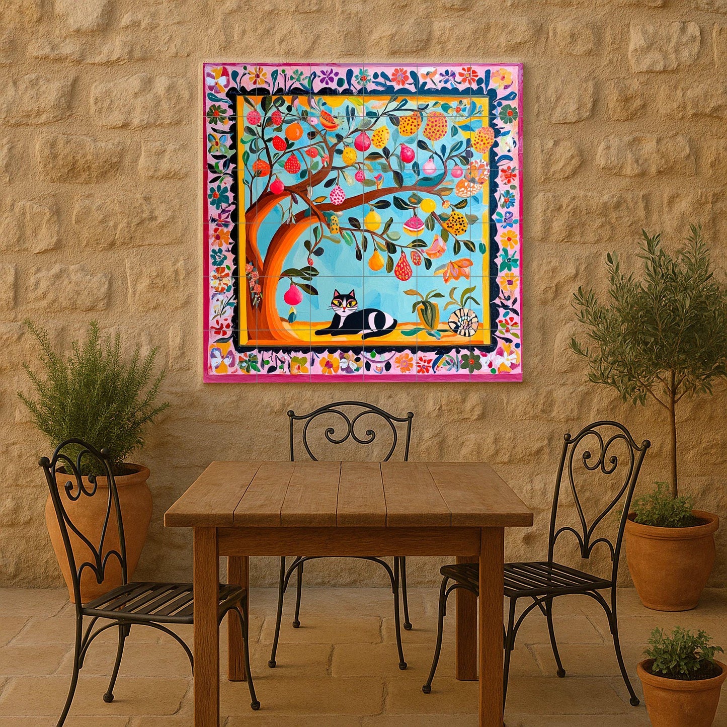 Colorful folk art ceramic tile mural / Vibrant fruit tree with cat and floral border / Mexican-inspired decor