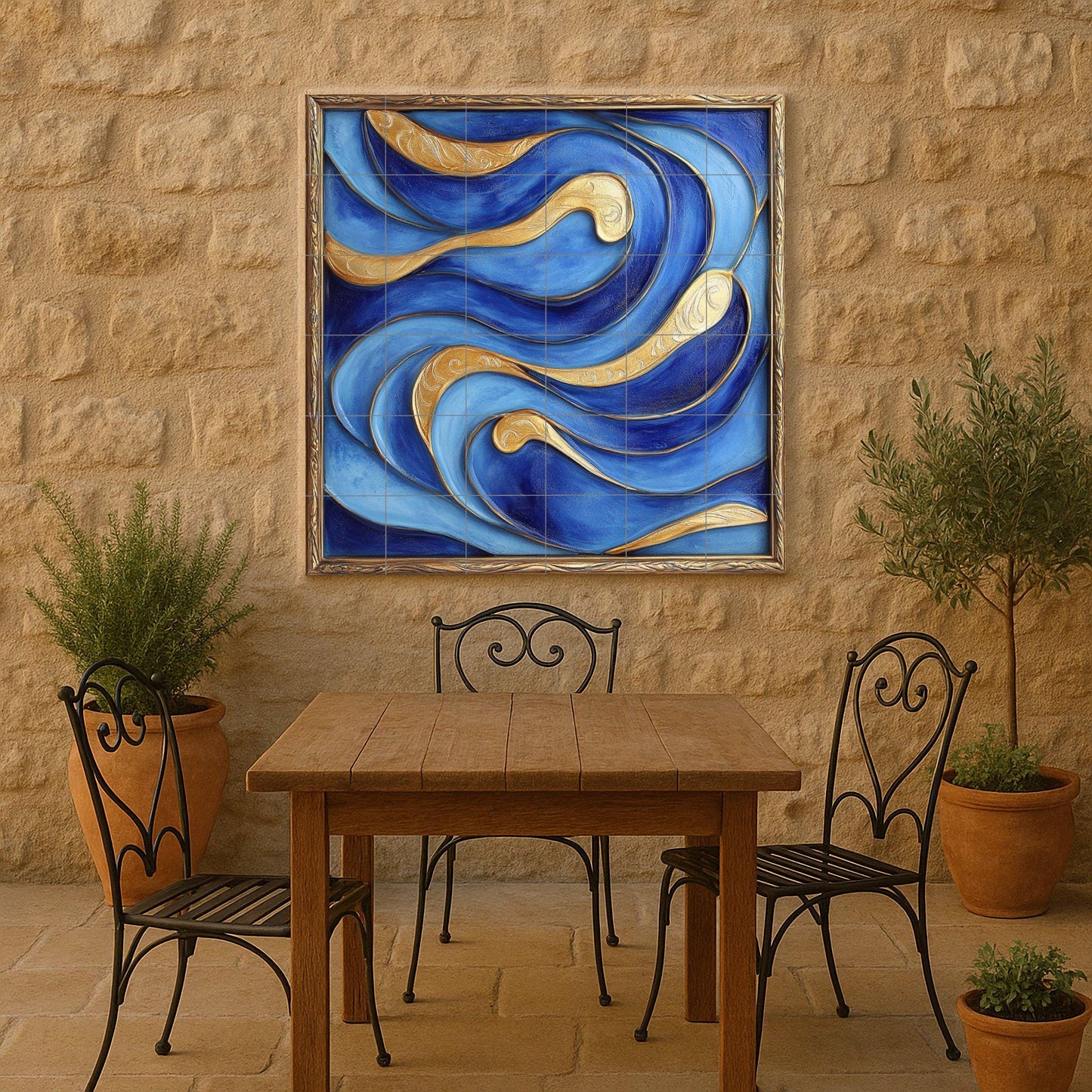 Abstract blue and gold ceramic tile mural for wall. Modern luxury decorative panel with flowing wave design for kitchen or bedroom backsplash.