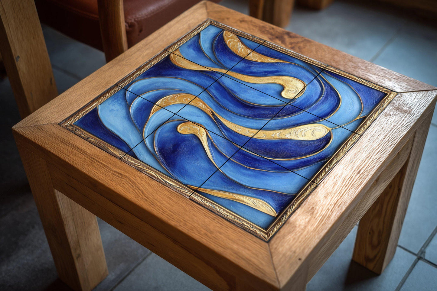 Abstract blue and gold ceramic tile mural for wall. Modern luxury decorative panel with flowing wave design for kitchen or bedroom backsplash.
