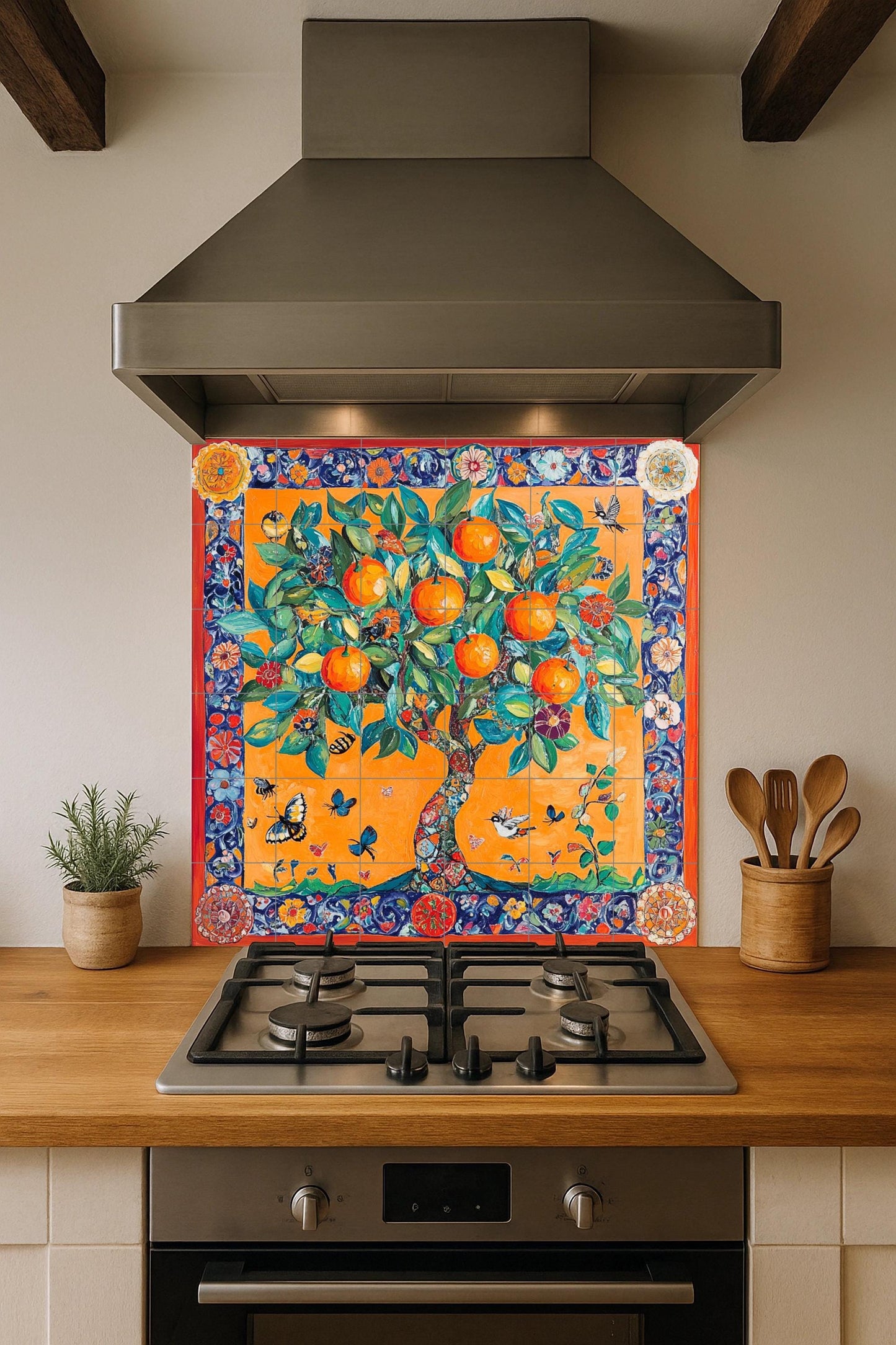 Mediterranean orange tree ceramic tile mural / Colorful vegetable garden with butterflies and birds / Kitchen backsplash with vibrant flowers