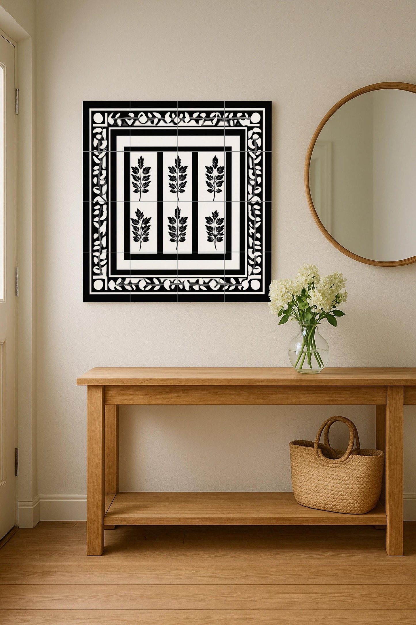 Black and white Greek ceramic tile mural / Classic decorative panel of laurel leaves with geometric borders for kitchen backsplash
