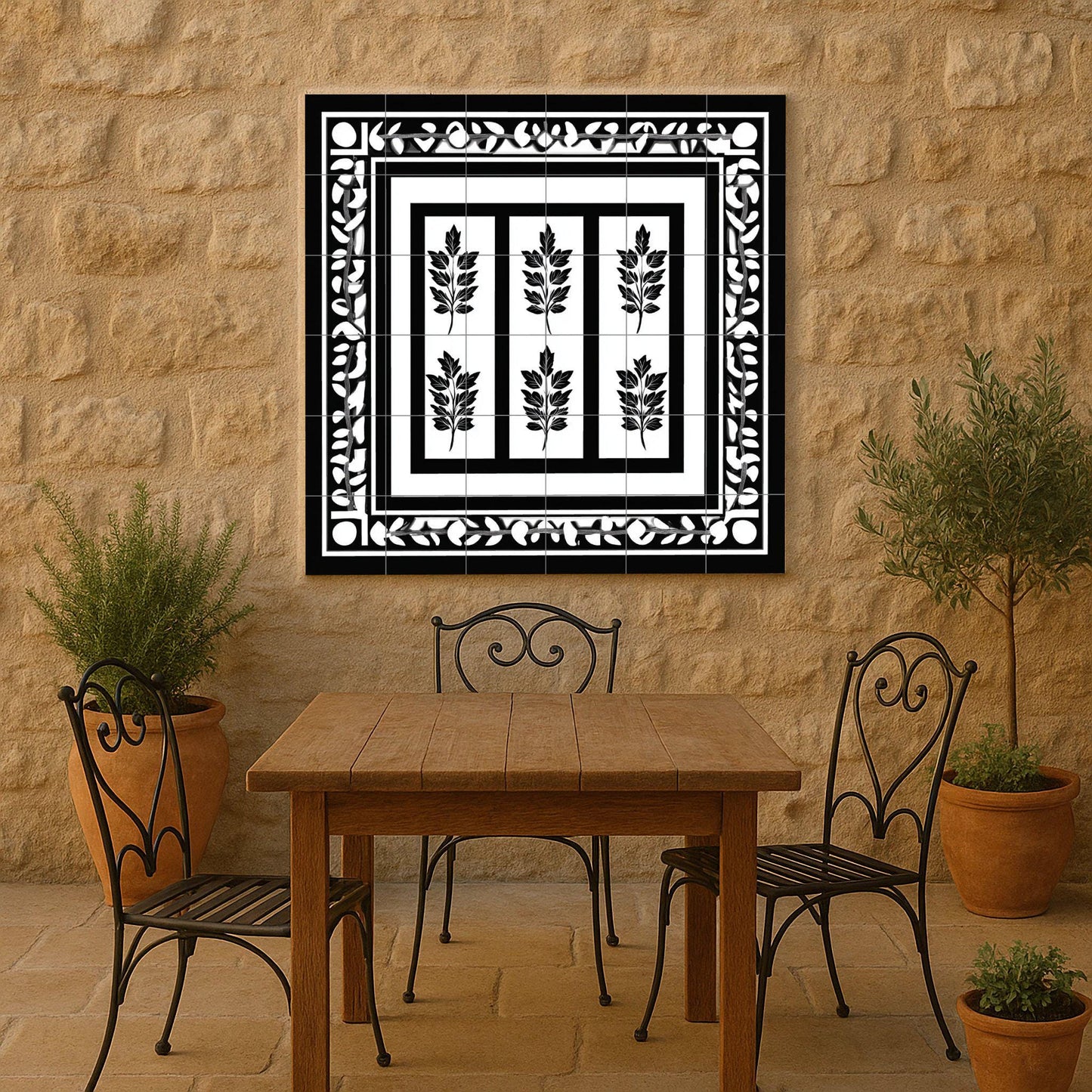 Black and white Greek ceramic tile mural / Classic decorative panel of laurel leaves with geometric borders for kitchen backsplash