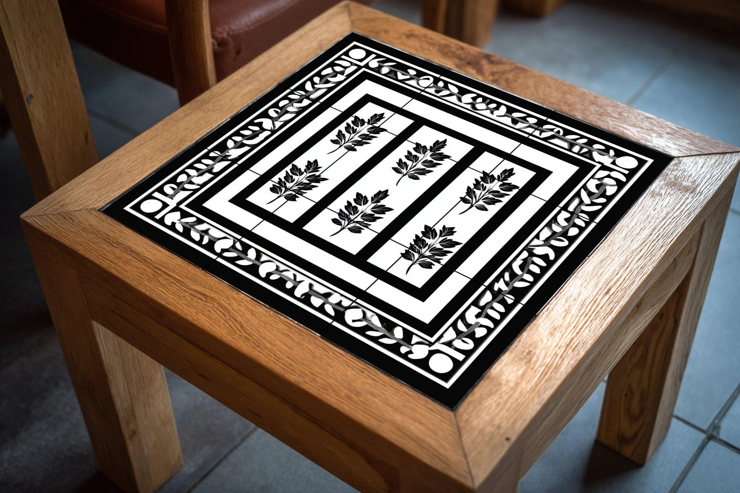 Black and white Greek ceramic tile mural / Classic decorative panel of laurel leaves with geometric borders for kitchen backsplash