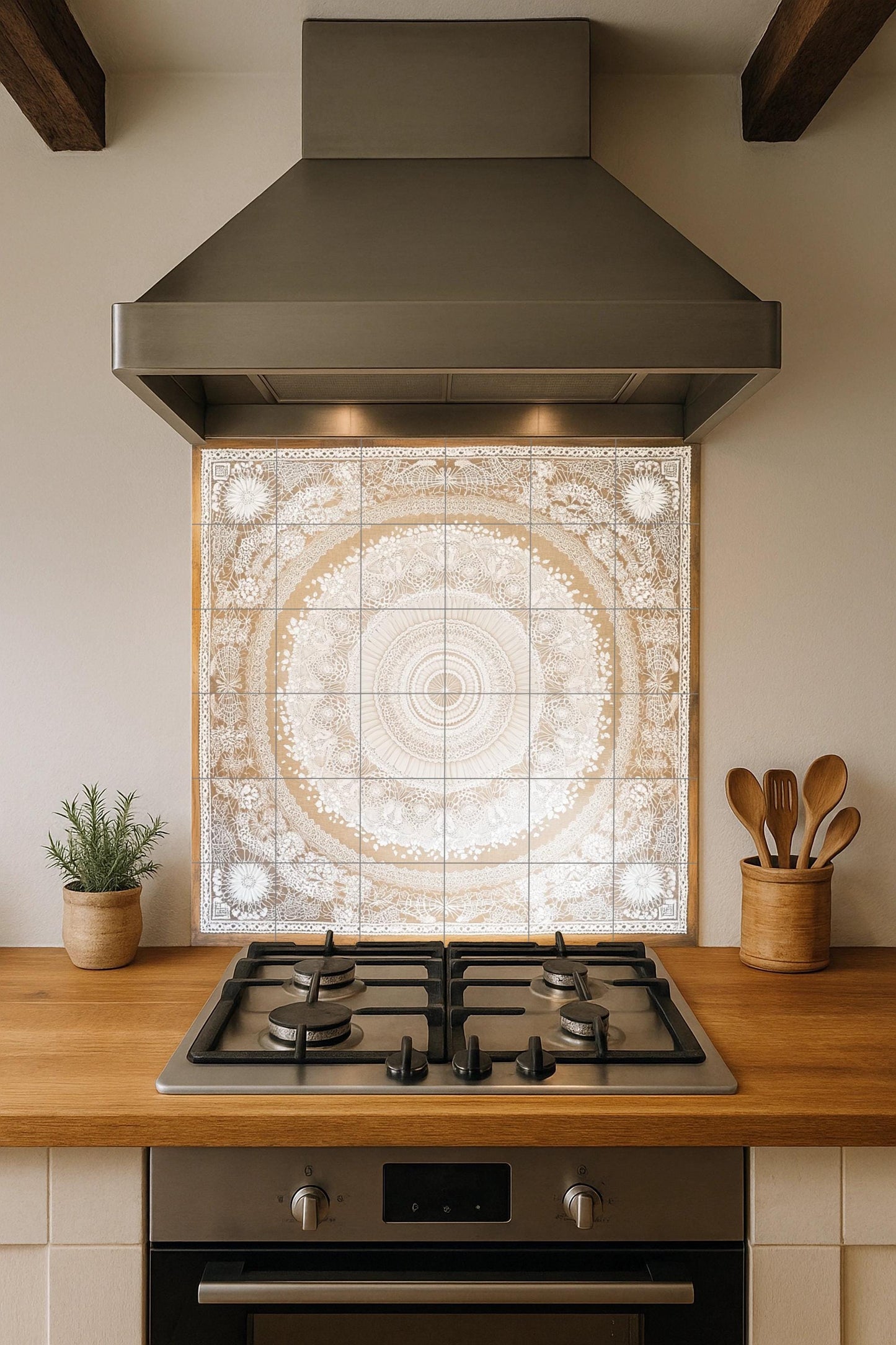 Elegant mandala ceramic tile mural for wall, decorative panel with intricate lace pattern, neutral bohemian design for kitchen or bedroom.