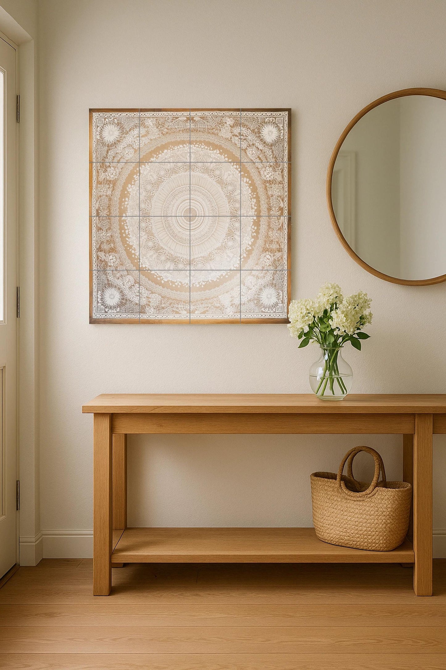 Elegant mandala ceramic tile mural for wall, decorative panel with intricate lace pattern, neutral bohemian design for kitchen or bedroom.