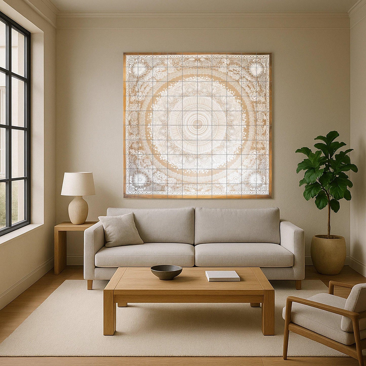 Elegant mandala ceramic tile mural for wall, decorative panel with intricate lace pattern, neutral bohemian design for kitchen or bedroom.