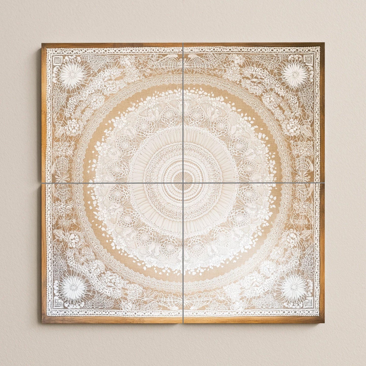 Elegant mandala ceramic tile mural for wall, decorative panel with intricate lace pattern, neutral bohemian design for kitchen or bedroom.