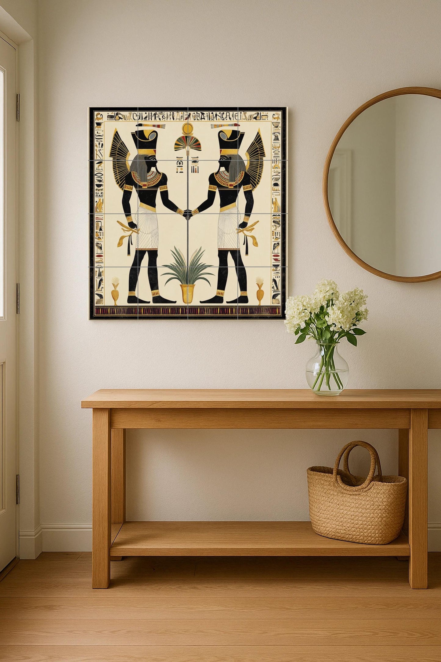 Ancient Egyptian ceramic tile mural / Decorative panel with pharaohs and hieroglyphs / Kitchen backsplash featuring the historical culture of the Nile