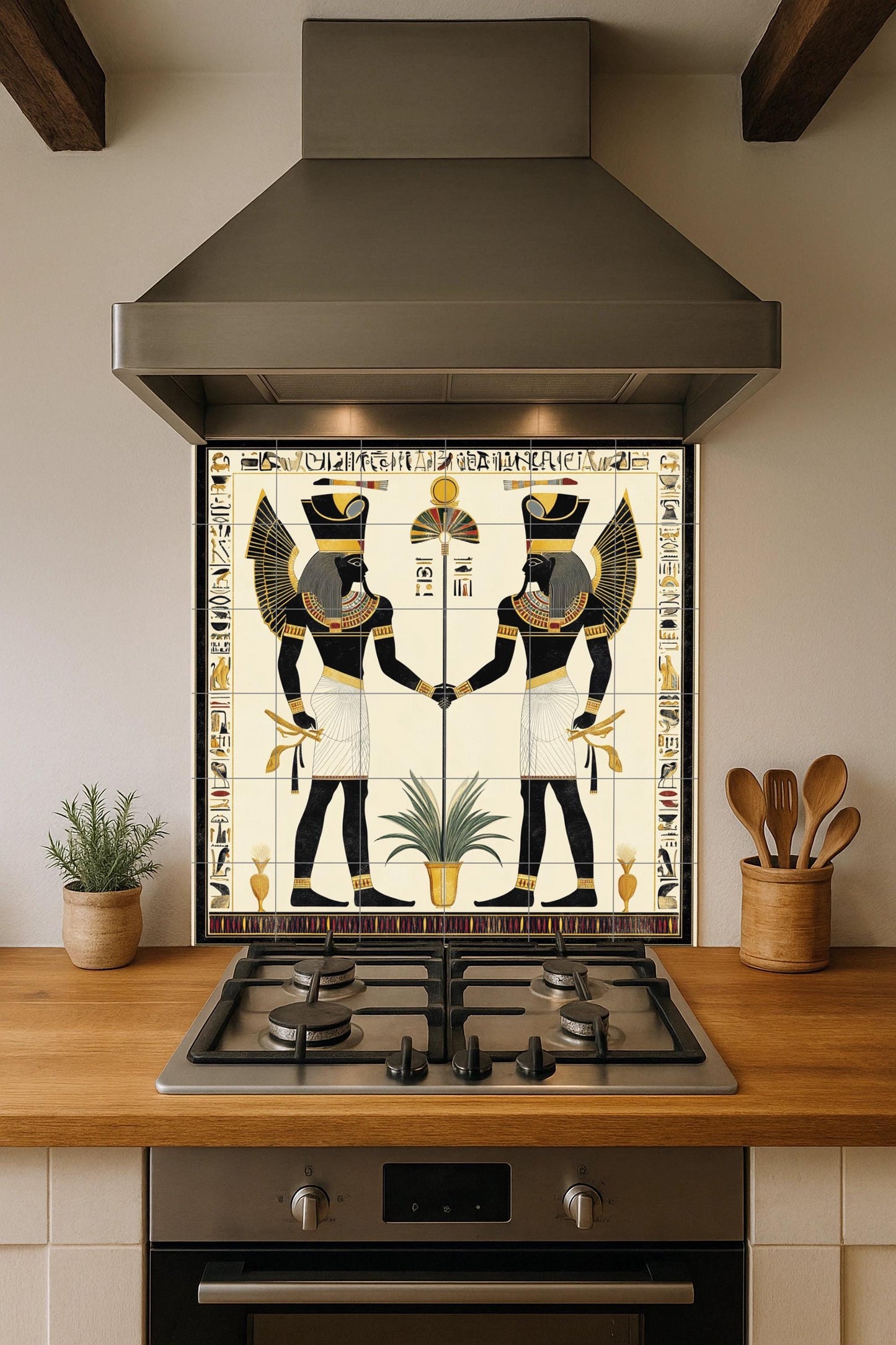 Ancient Egyptian ceramic tile mural / Decorative panel with pharaohs and hieroglyphs / Kitchen backsplash featuring the historical culture of the Nile
