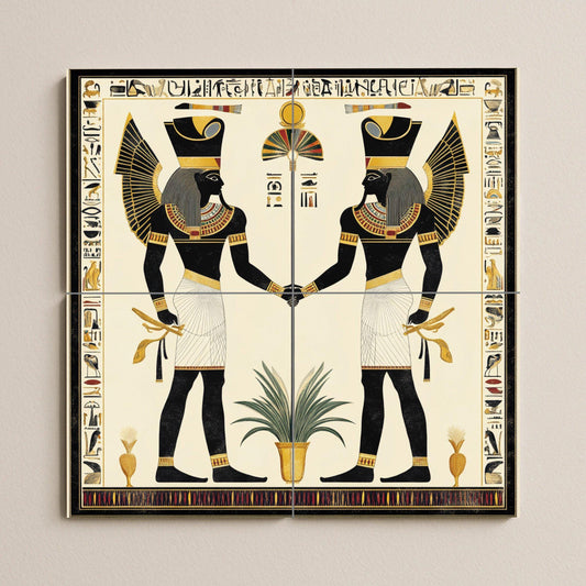 Ancient Egyptian ceramic tile mural / Decorative panel with pharaohs and hieroglyphs / Kitchen backsplash featuring the historical culture of the Nile