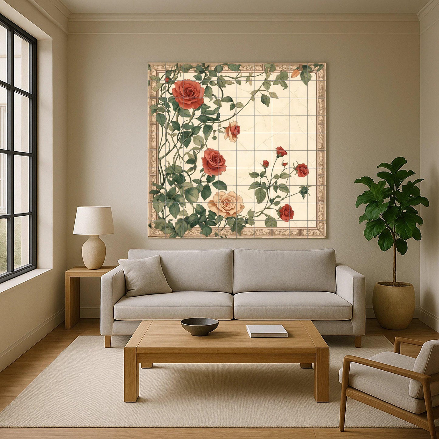 Ceramic tile mural with romantic roses, vintage floral botanical design with climbing roses for kitchen backsplash or living room decor.