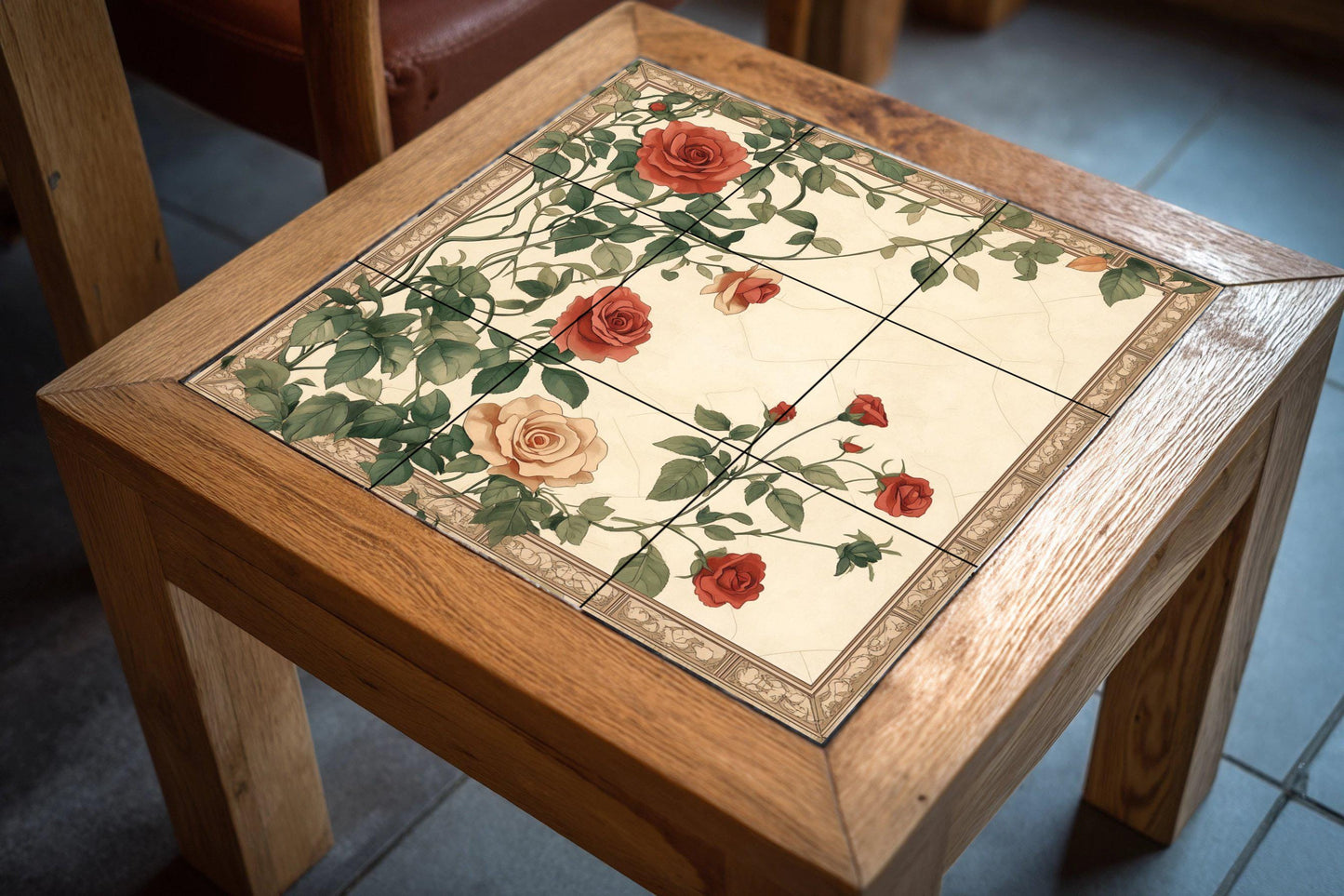 Ceramic tile mural with romantic roses, vintage floral botanical design with climbing roses for kitchen backsplash or living room decor.