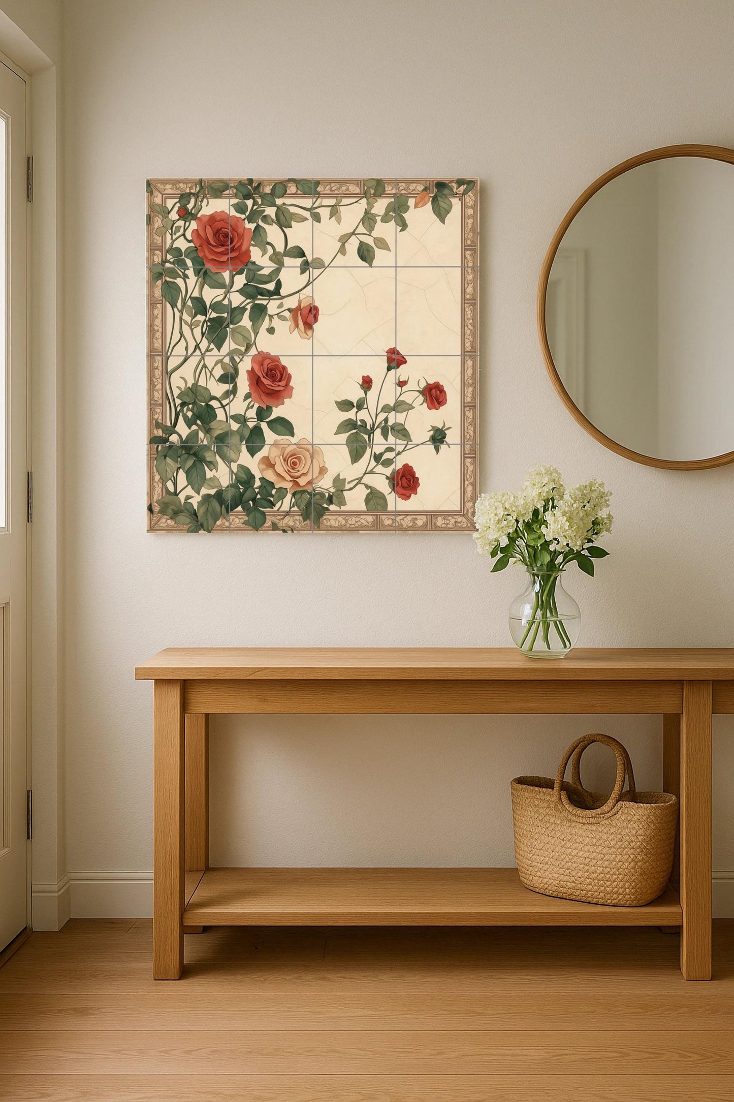 Ceramic tile mural with romantic roses, vintage floral botanical design with climbing roses for kitchen backsplash or living room decor.