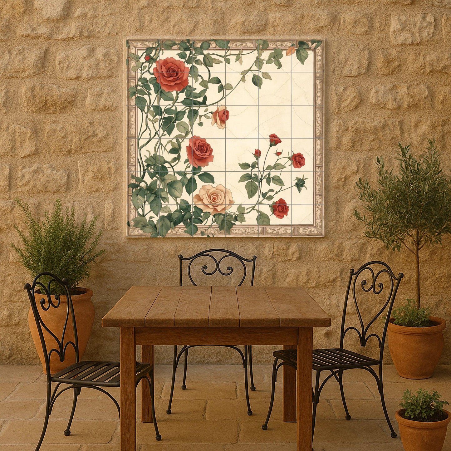 Ceramic tile mural with romantic roses, vintage floral botanical design with climbing roses for kitchen backsplash or living room decor.