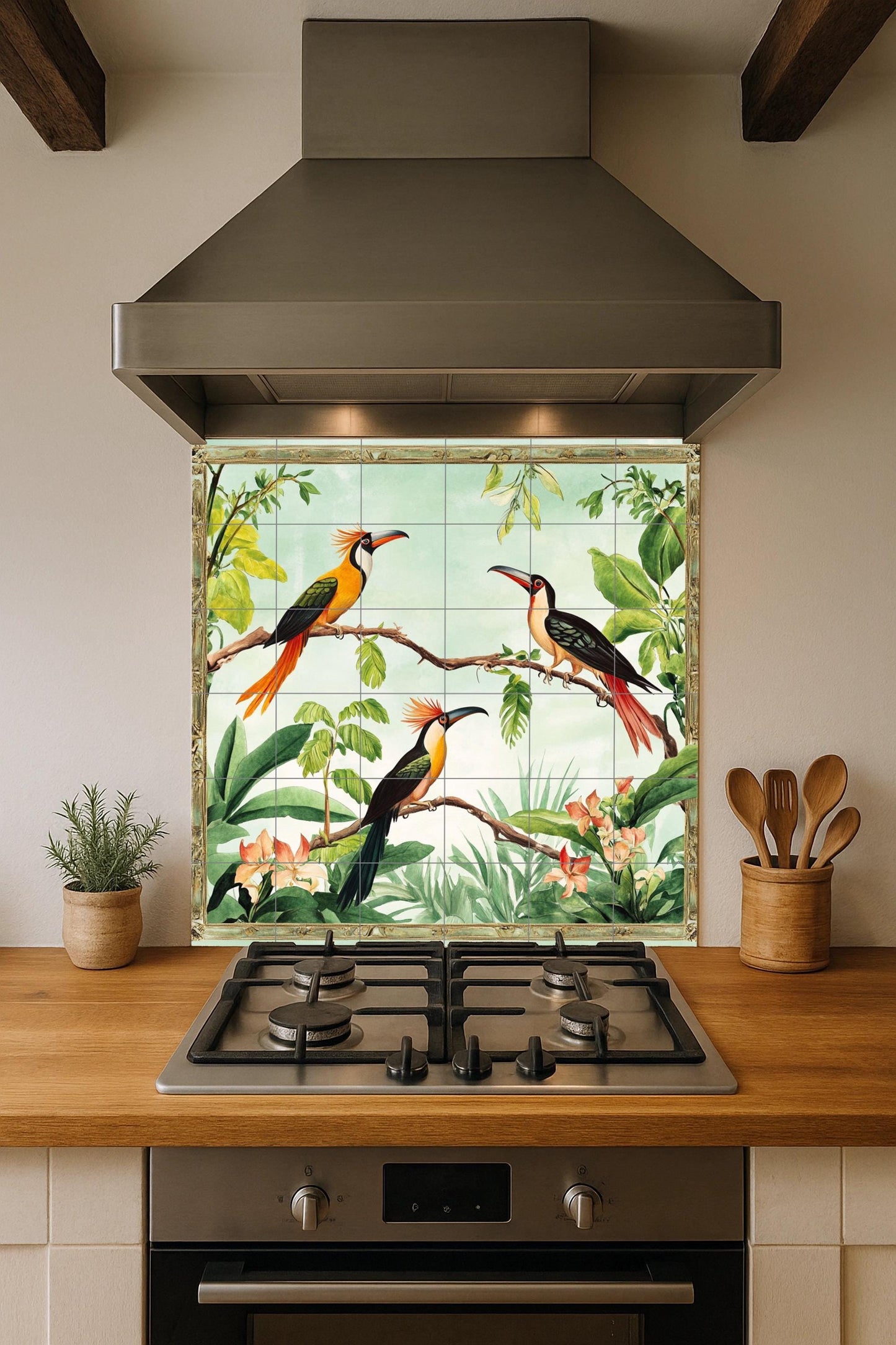 Ceramic tile mural with exotic tropical bird design, colorful toucan design for kitchen backsplash, patio or living room.