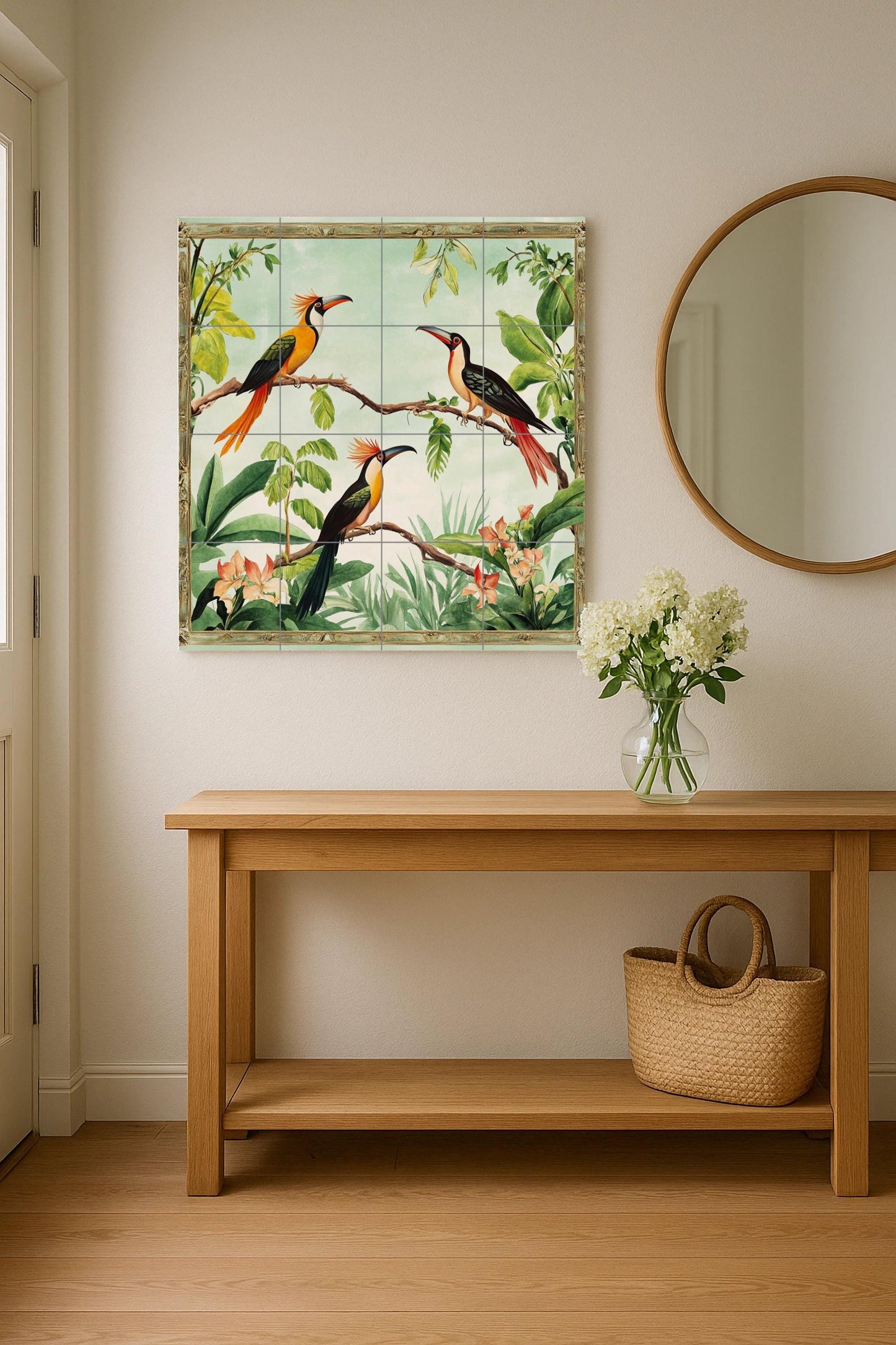 Ceramic tile mural with exotic tropical bird design, colorful toucan design for kitchen backsplash, patio or living room.