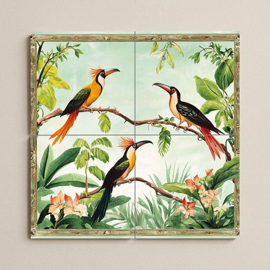Ceramic tile mural with exotic tropical bird design, colorful toucan design for kitchen backsplash, patio or living room.