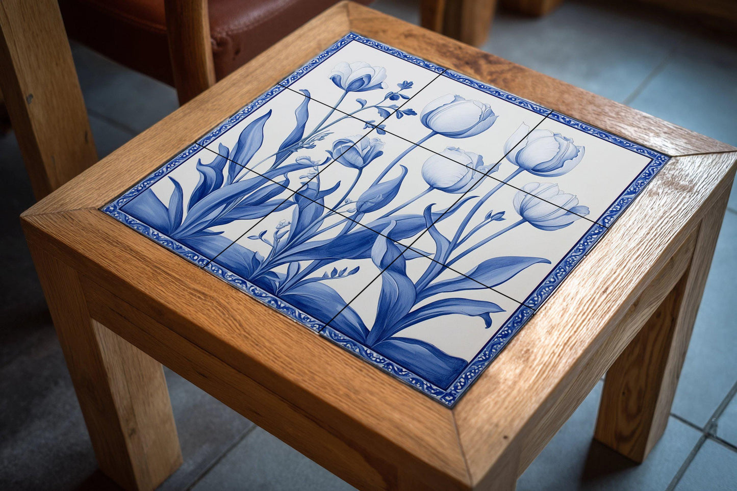 Ceramic tile mural with Delft blue tulips / Handmade Dutch-style floral kitchen backsplash / Elegant indigo botanical decor