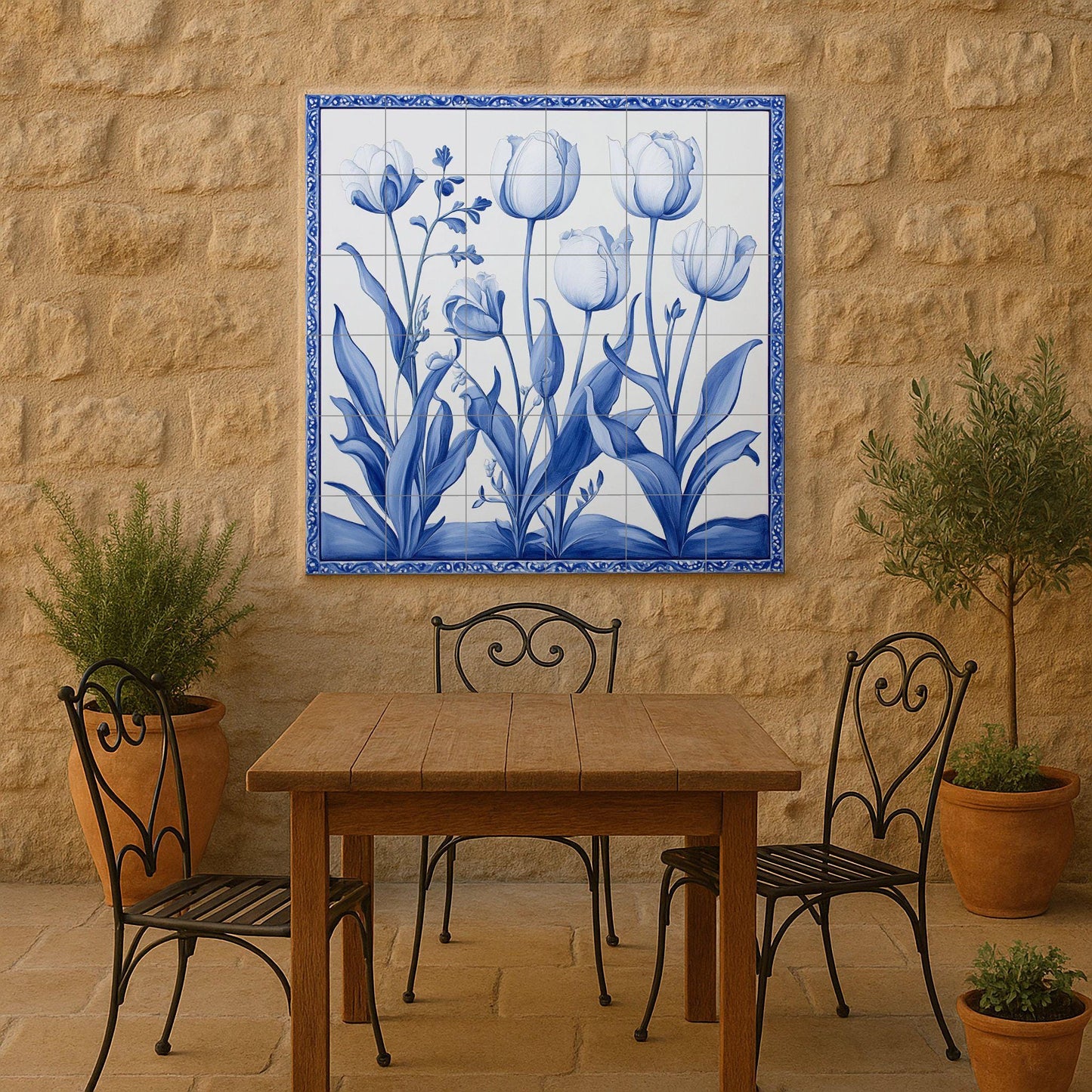 Ceramic tile mural with Delft blue tulips / Handmade Dutch-style floral kitchen backsplash / Elegant indigo botanical decor