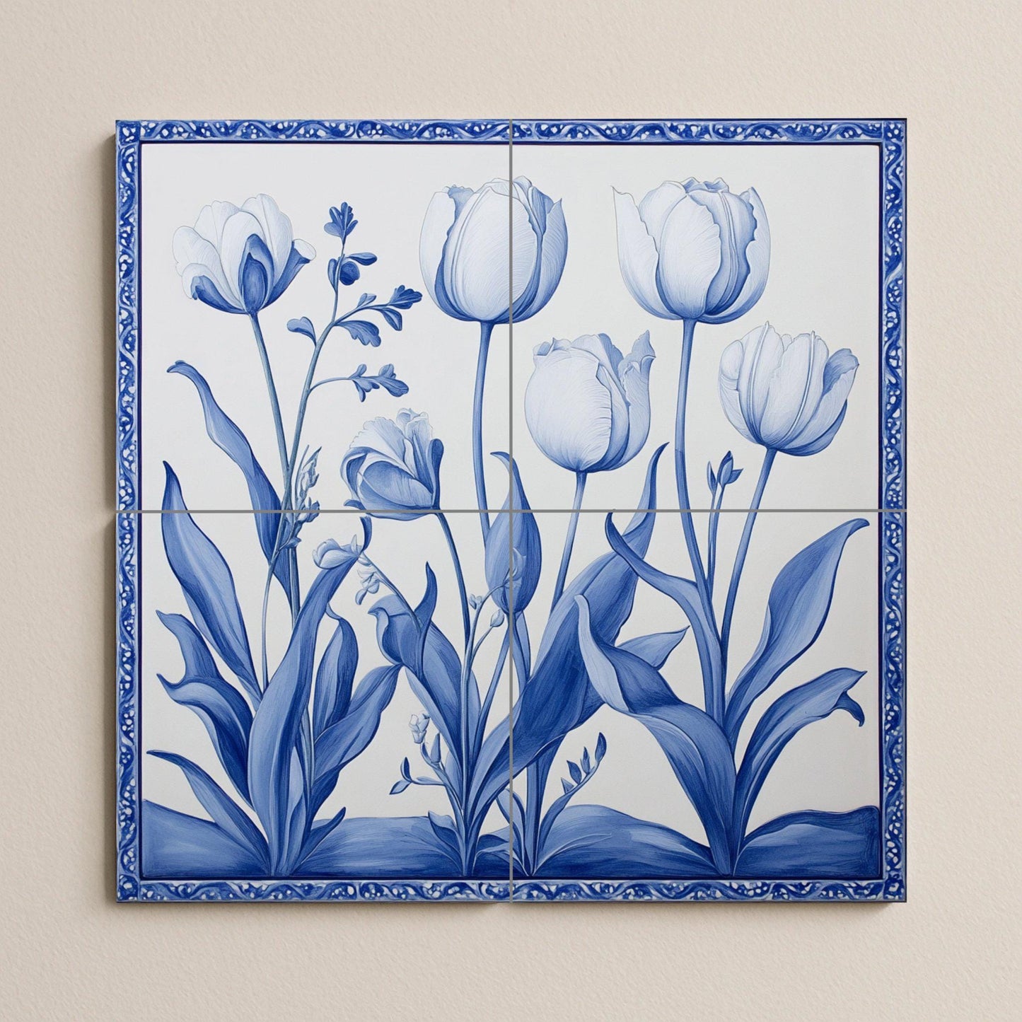 Ceramic tile mural with Delft blue tulips / Handmade Dutch-style floral kitchen backsplash / Elegant indigo botanical decor