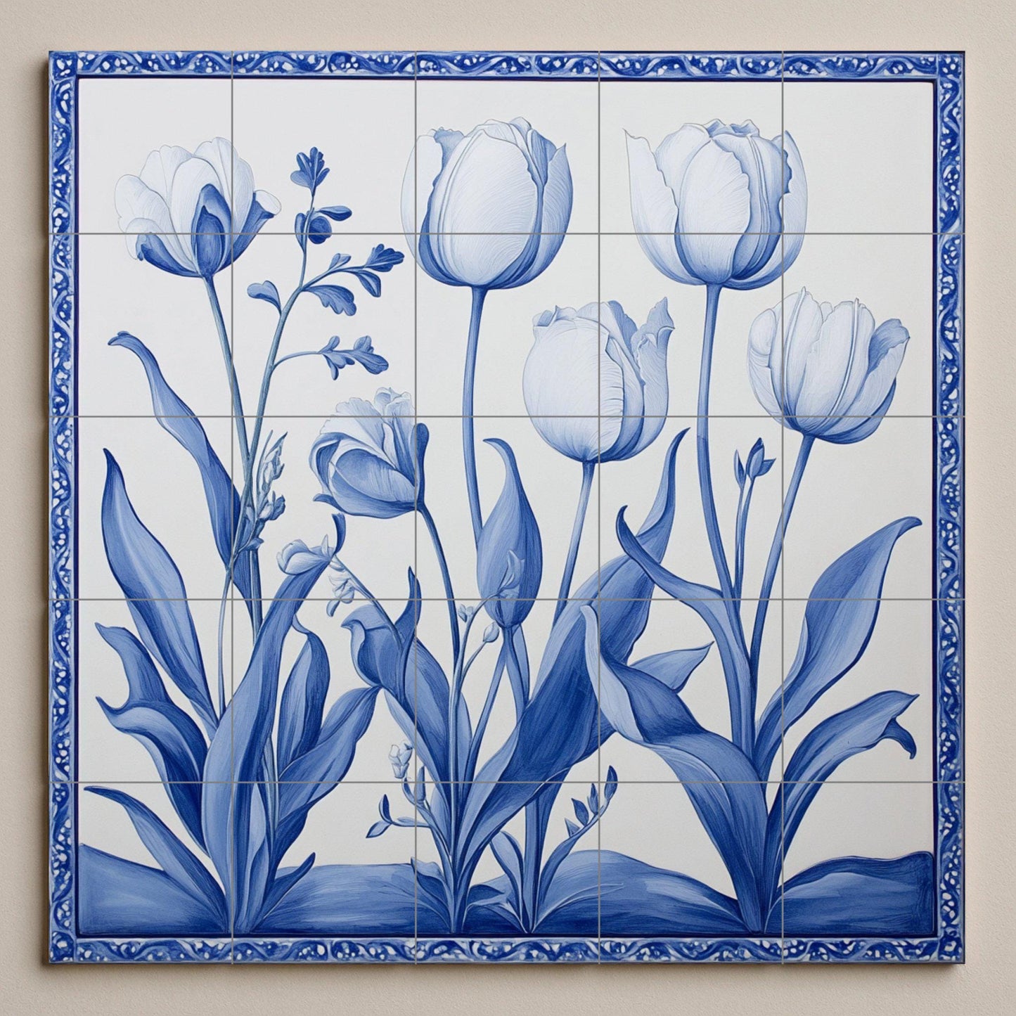 Ceramic tile mural with Delft blue tulips / Handmade Dutch-style floral kitchen backsplash / Elegant indigo botanical decor