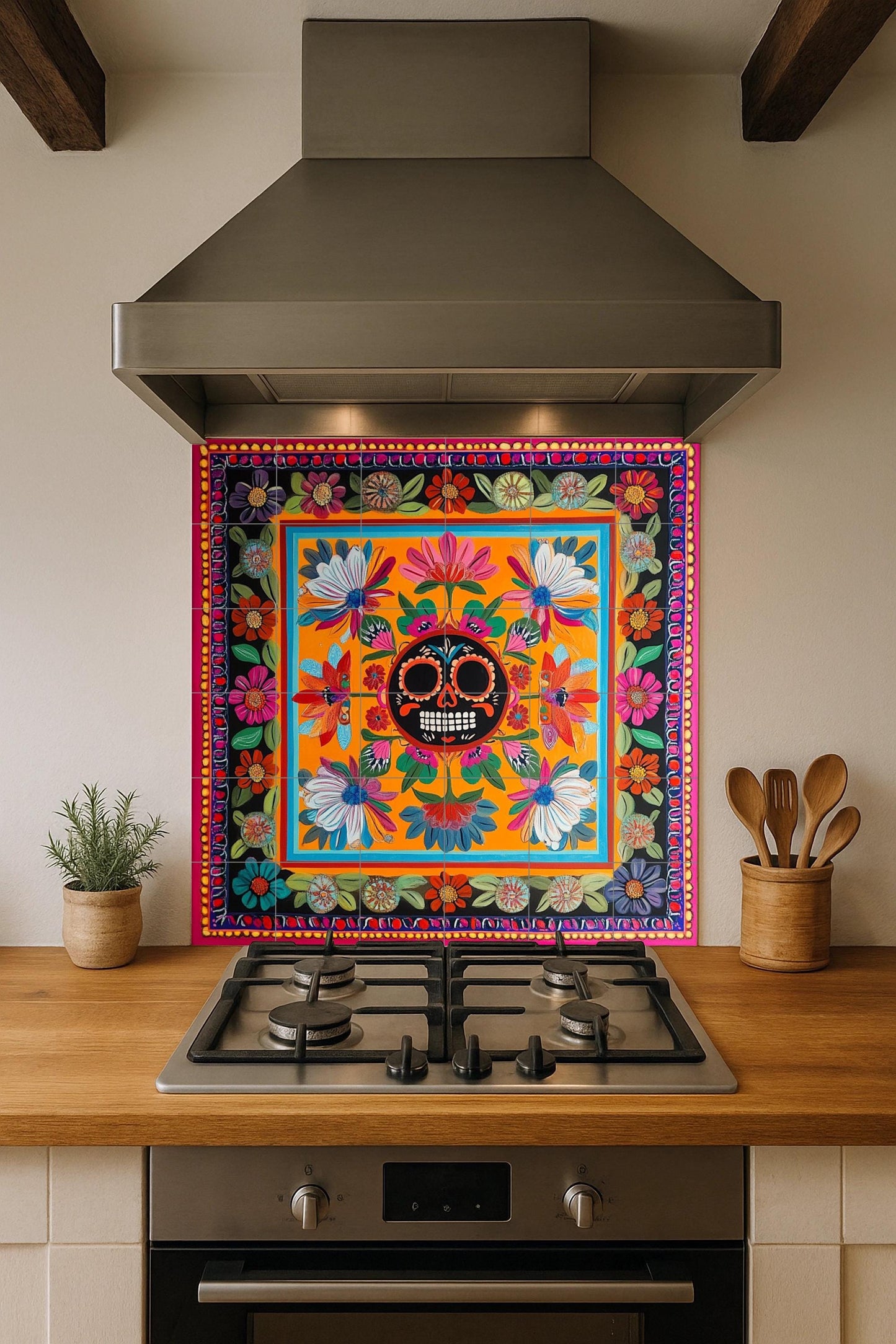 Day of the Dead ceramic wall mural with Mexican sugar skull and flowers, colorful folk art Talavera style decorative tiles