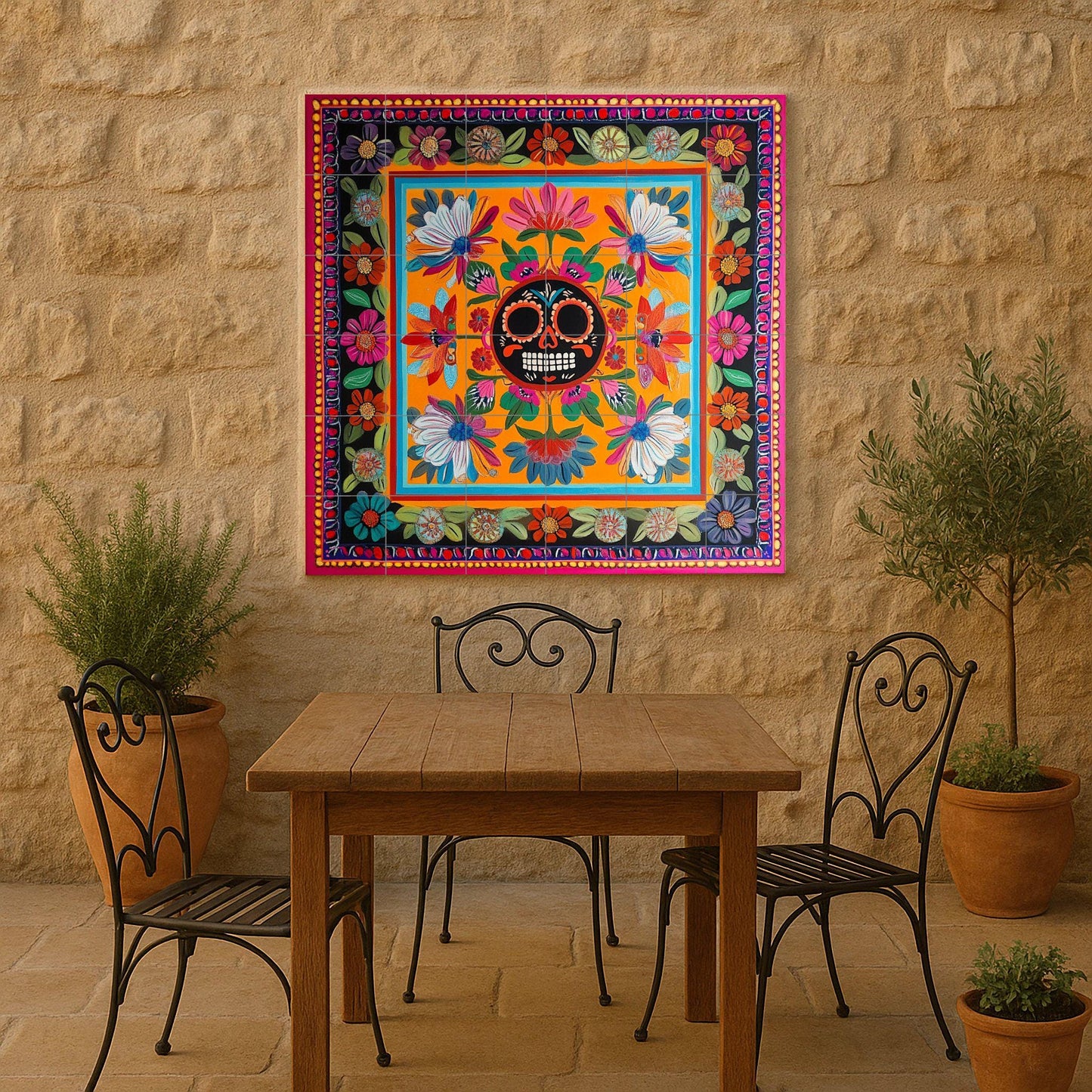Day of the Dead ceramic wall mural with Mexican sugar skull and flowers, colorful folk art Talavera style decorative tiles