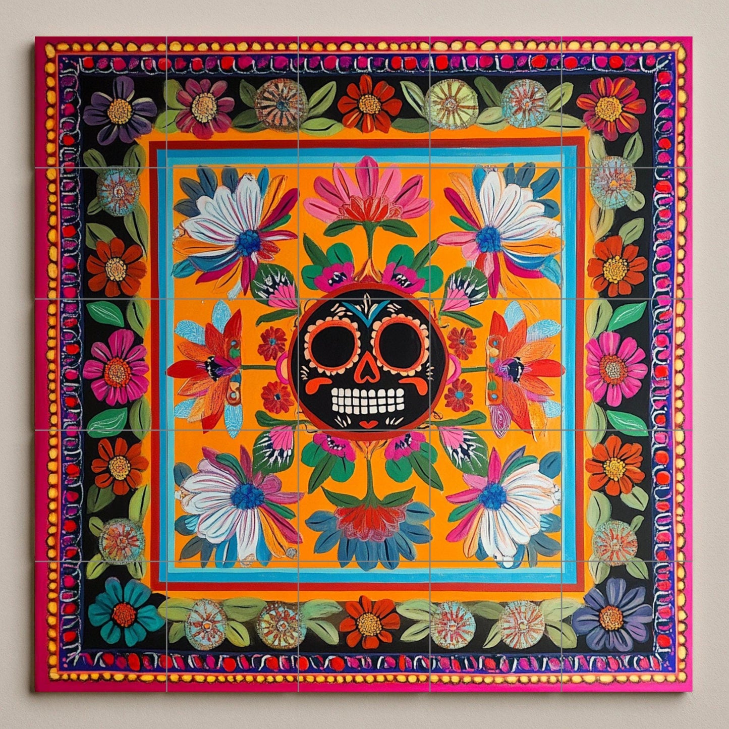 Day of the Dead ceramic wall mural with Mexican sugar skull and flowers, colorful folk art Talavera style decorative tiles
