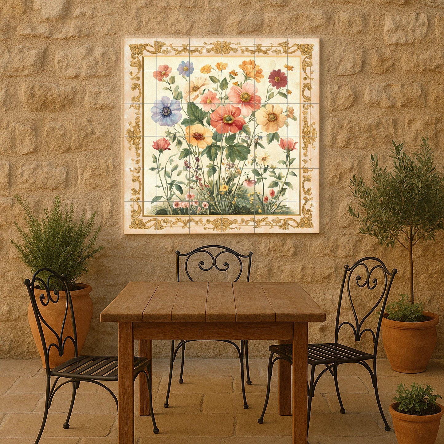 Floral ceramic wall mural with wildflowers and ornate gold border, vintage botanical tile art, handmade romantic rustic decor