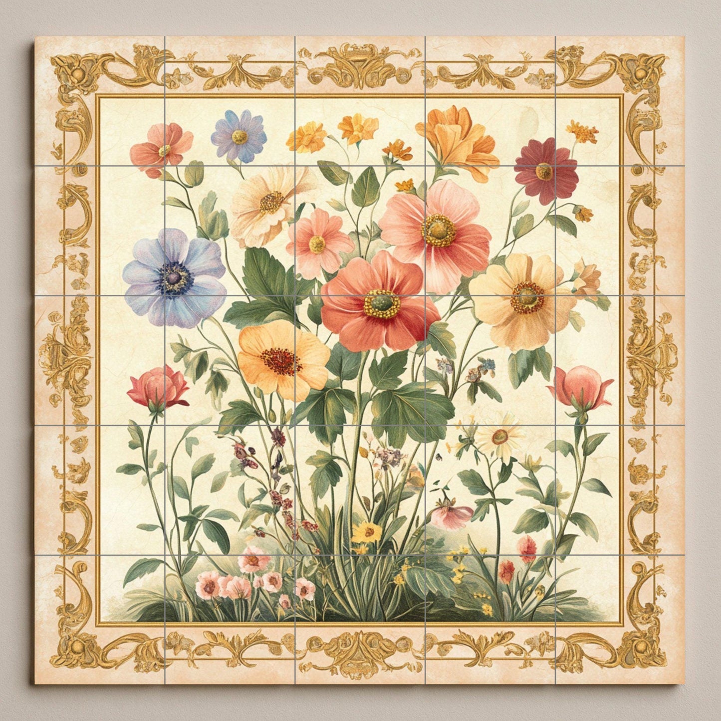 Floral ceramic wall mural with wildflowers and ornate gold border, vintage botanical tile art, handmade romantic rustic decor