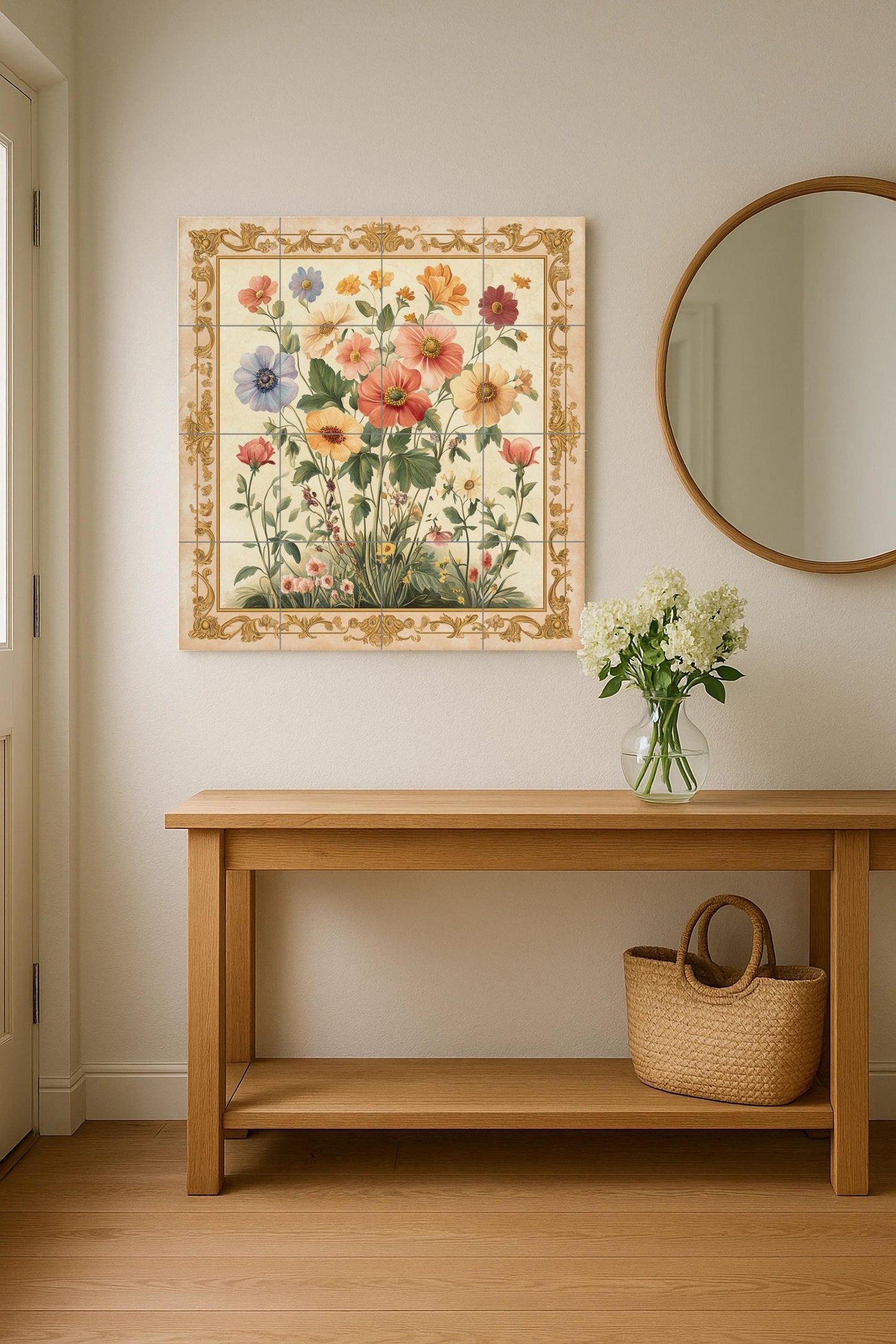 Floral ceramic wall mural with wildflowers and ornate gold border, vintage botanical tile art, handmade romantic rustic decor
