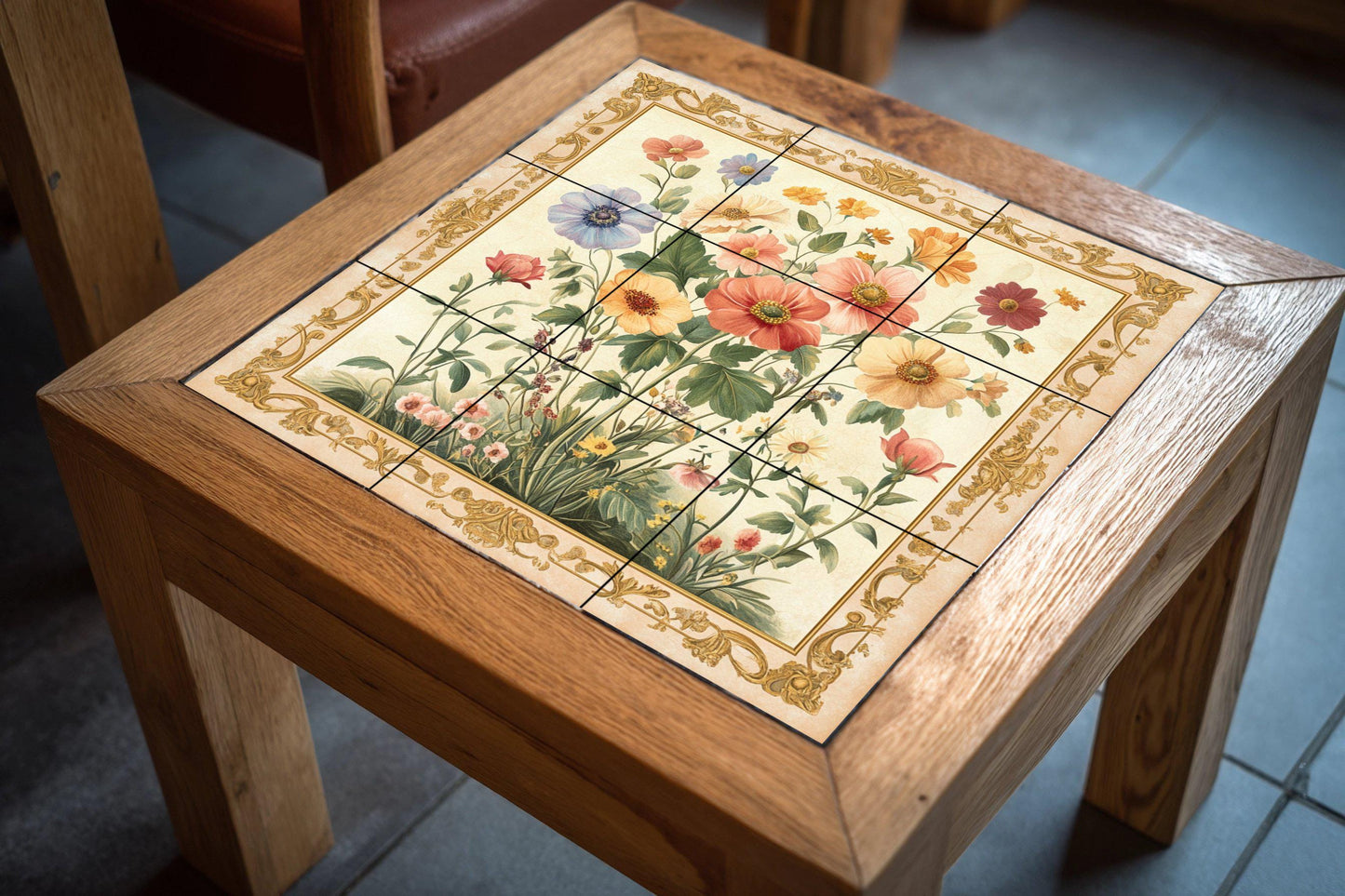 Floral ceramic wall mural with wildflowers and ornate gold border, vintage botanical tile art, handmade romantic rustic decor
