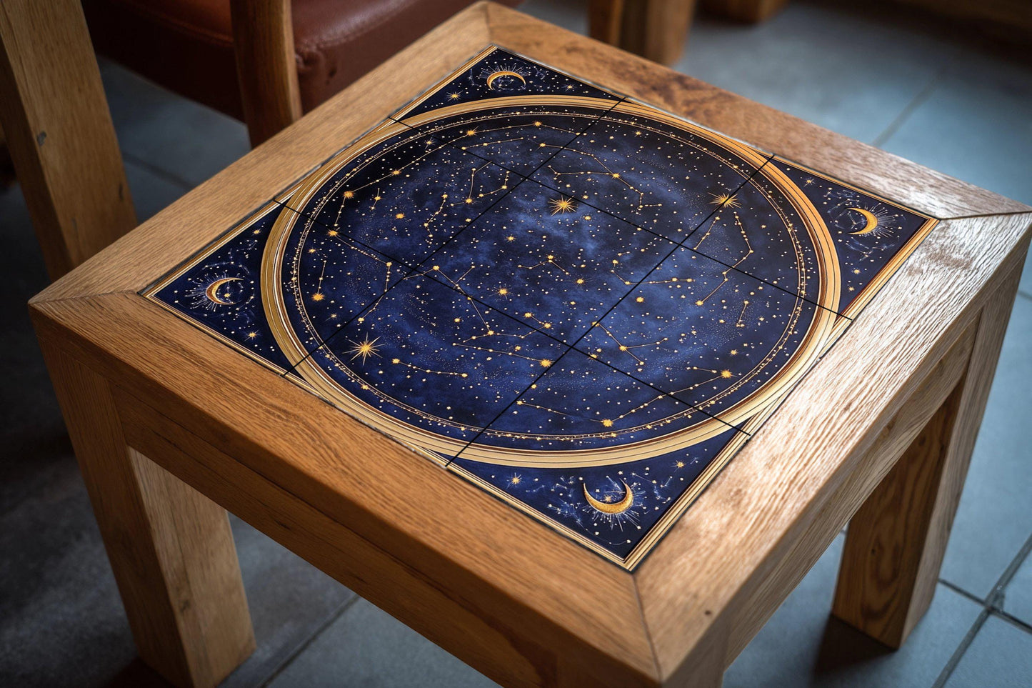 Ceramic wall mural with celestial star map with constellations and moons, navy blue zodiac tile art, handmade cosmic astrological decoration.