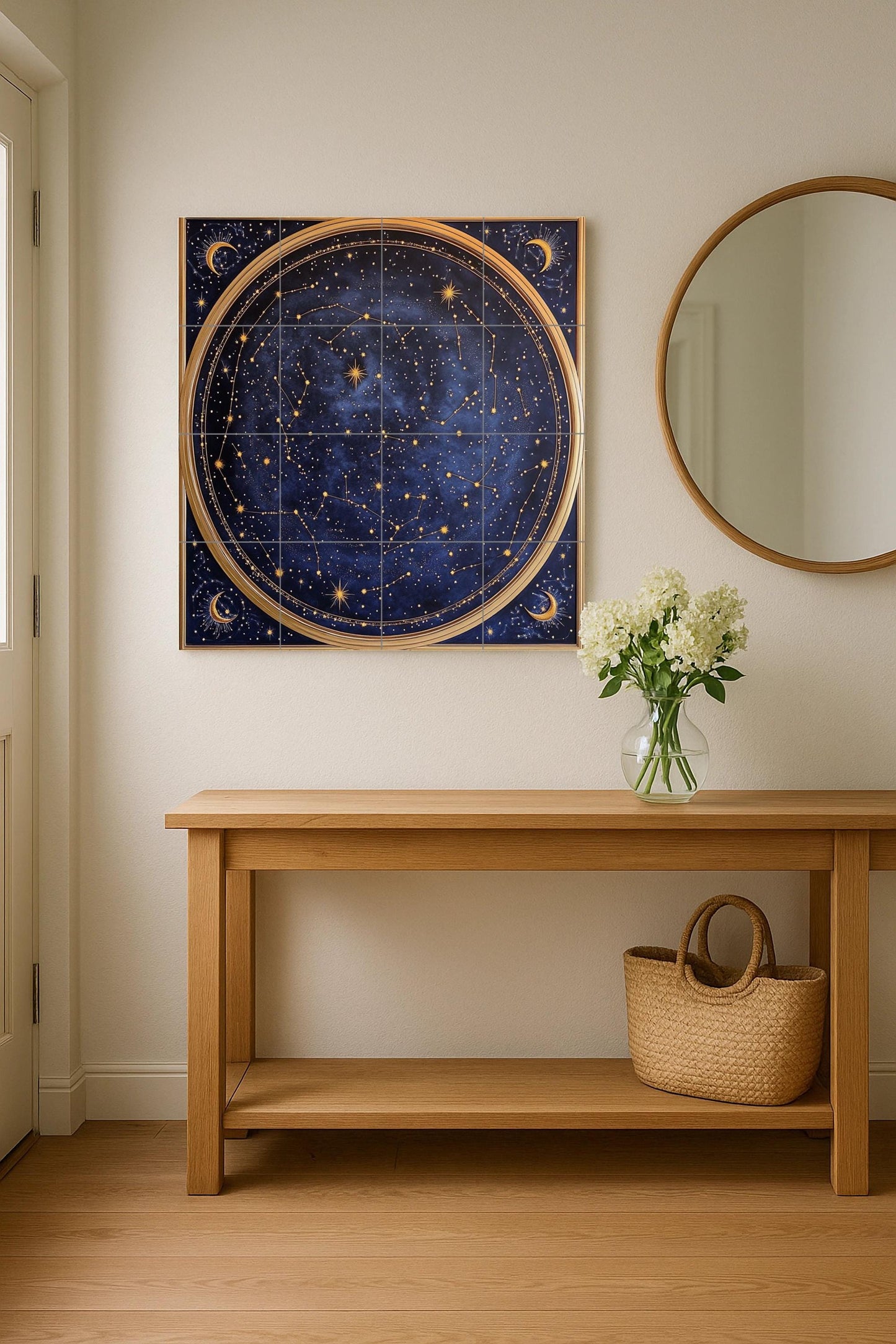 Ceramic wall mural with celestial star map with constellations and moons, navy blue zodiac tile art, handmade cosmic astrological decoration.