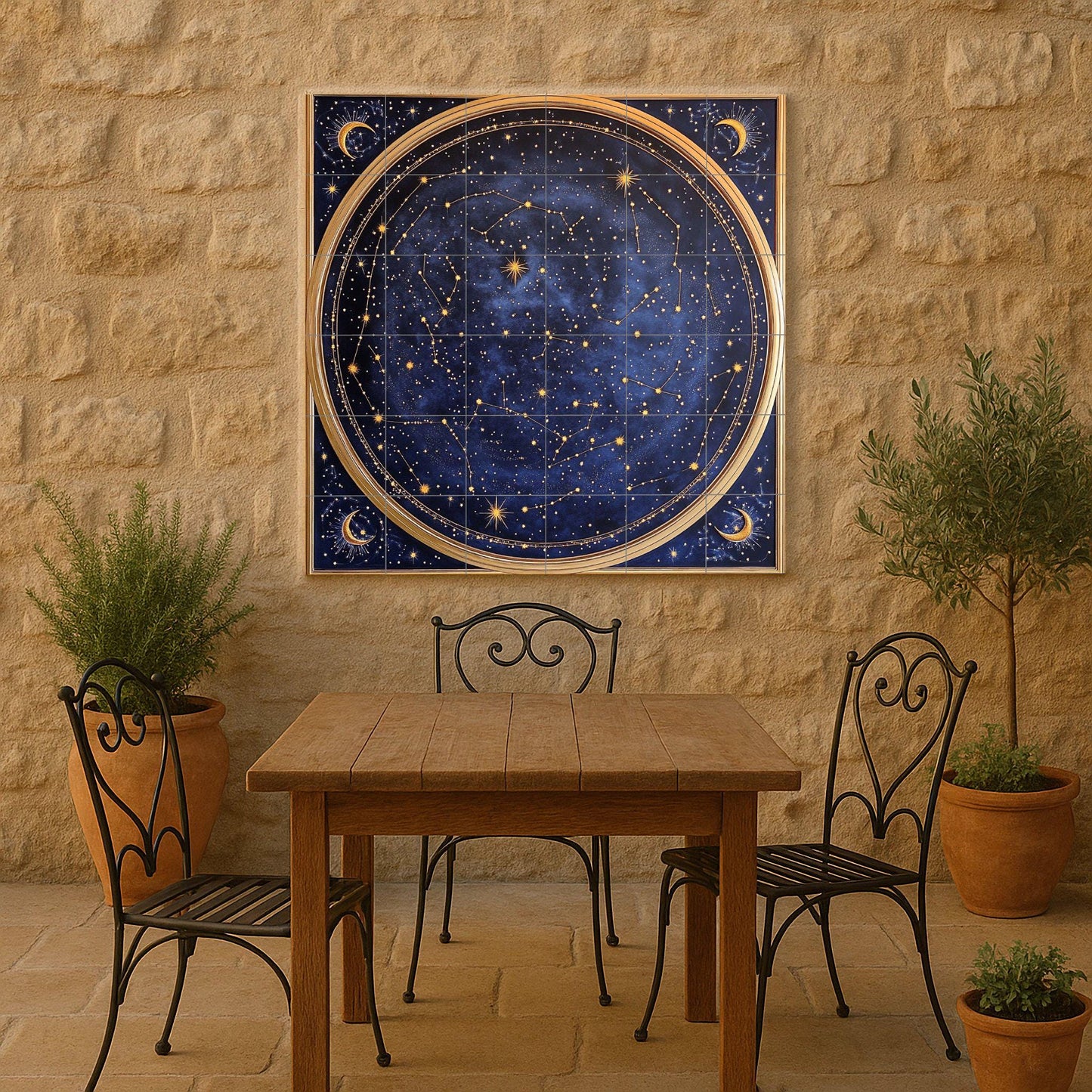 Ceramic wall mural with celestial star map with constellations and moons, navy blue zodiac tile art, handmade cosmic astrological decoration.