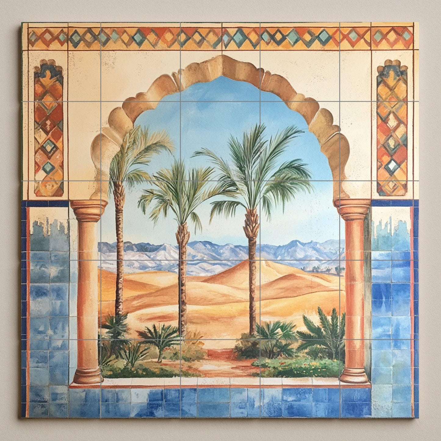 Ceramic wall mural with Moorish arch, desert oasis and palm trees, Andalusian-inspired tile art with blue border, handmade exotic decor.