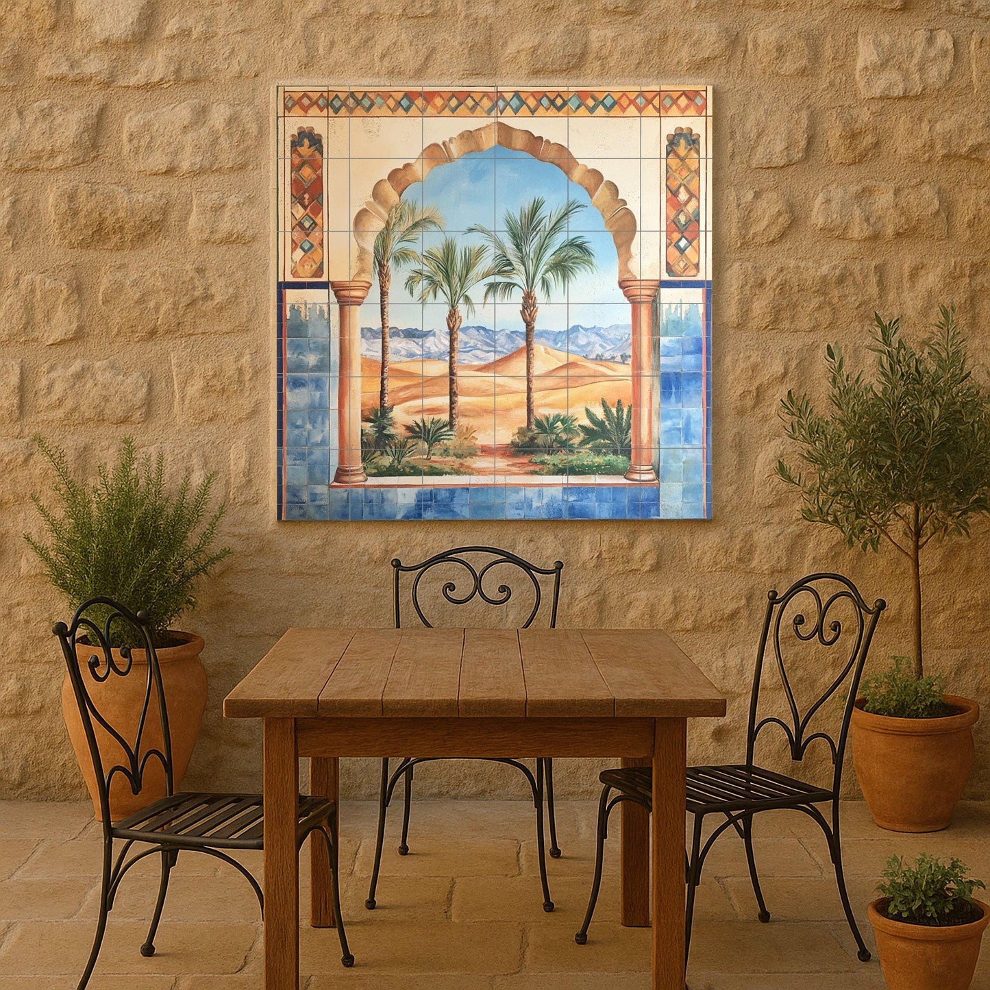 Ceramic wall mural with Moorish arch, desert oasis and palm trees, Andalusian-inspired tile art with blue border, handmade exotic decor.