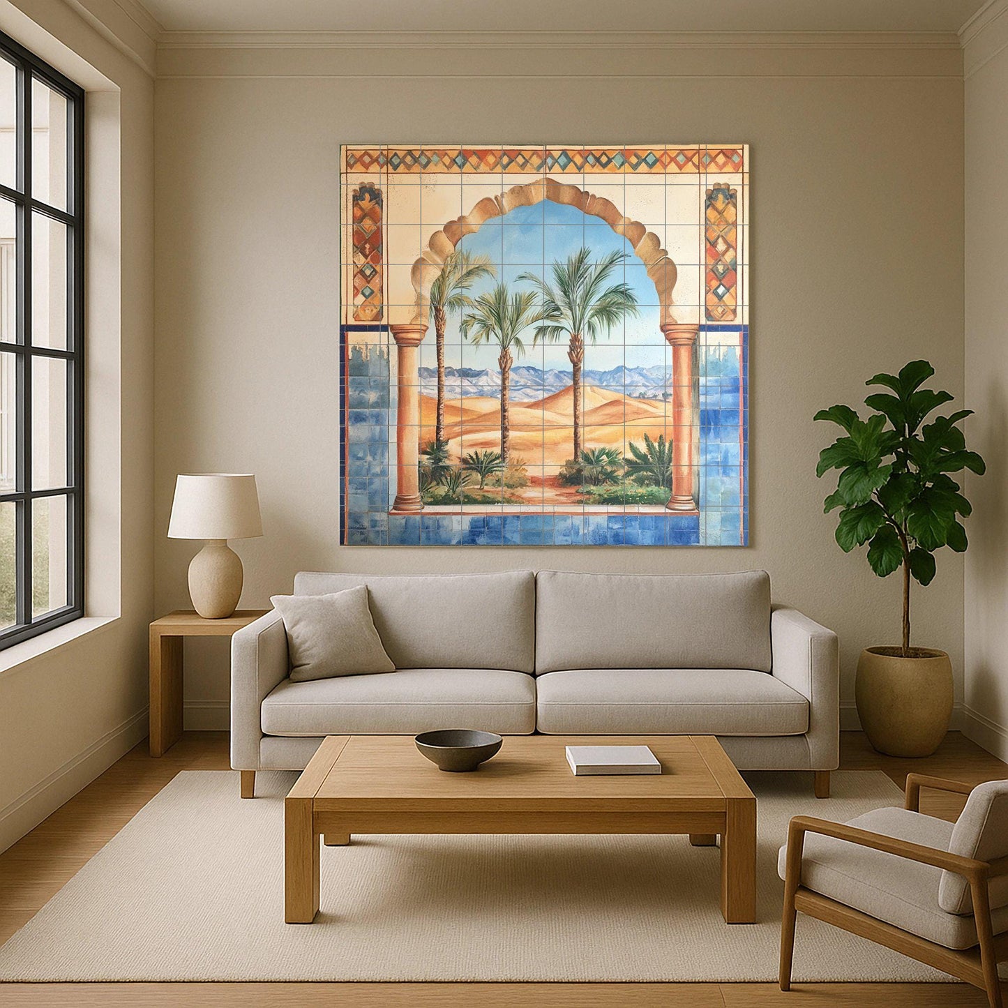 Ceramic wall mural with Moorish arch, desert oasis and palm trees, Andalusian-inspired tile art with blue border, handmade exotic decor.