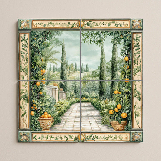 Mediterranean garden ceramic wall mural with orange trees and cypress path, Tuscan countryside tile art, handmade rustic orchard decor